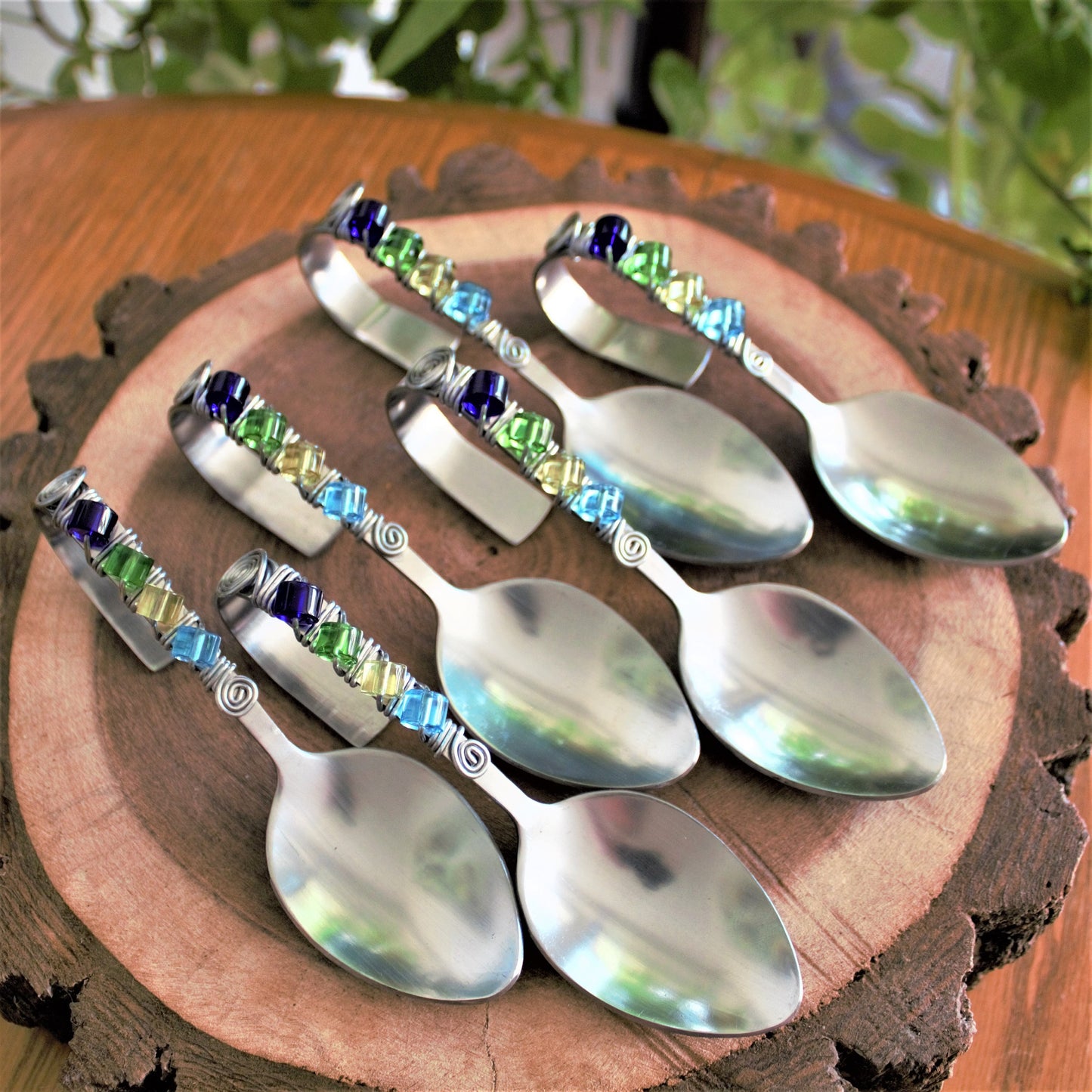 Beaded Appetizer Spoons: Lucite & Stainless Steel, Bent Hors d'oeuvres Spoons, Set of 6