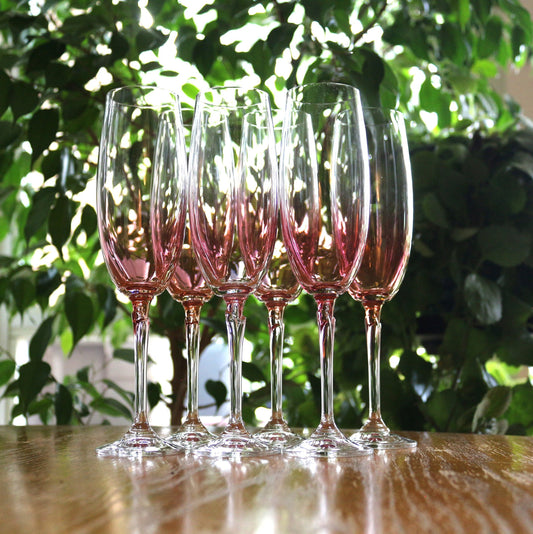 Vintage Iridescent Pink Champagne Flutes - Elegant Toasting Glasses, Set of 6