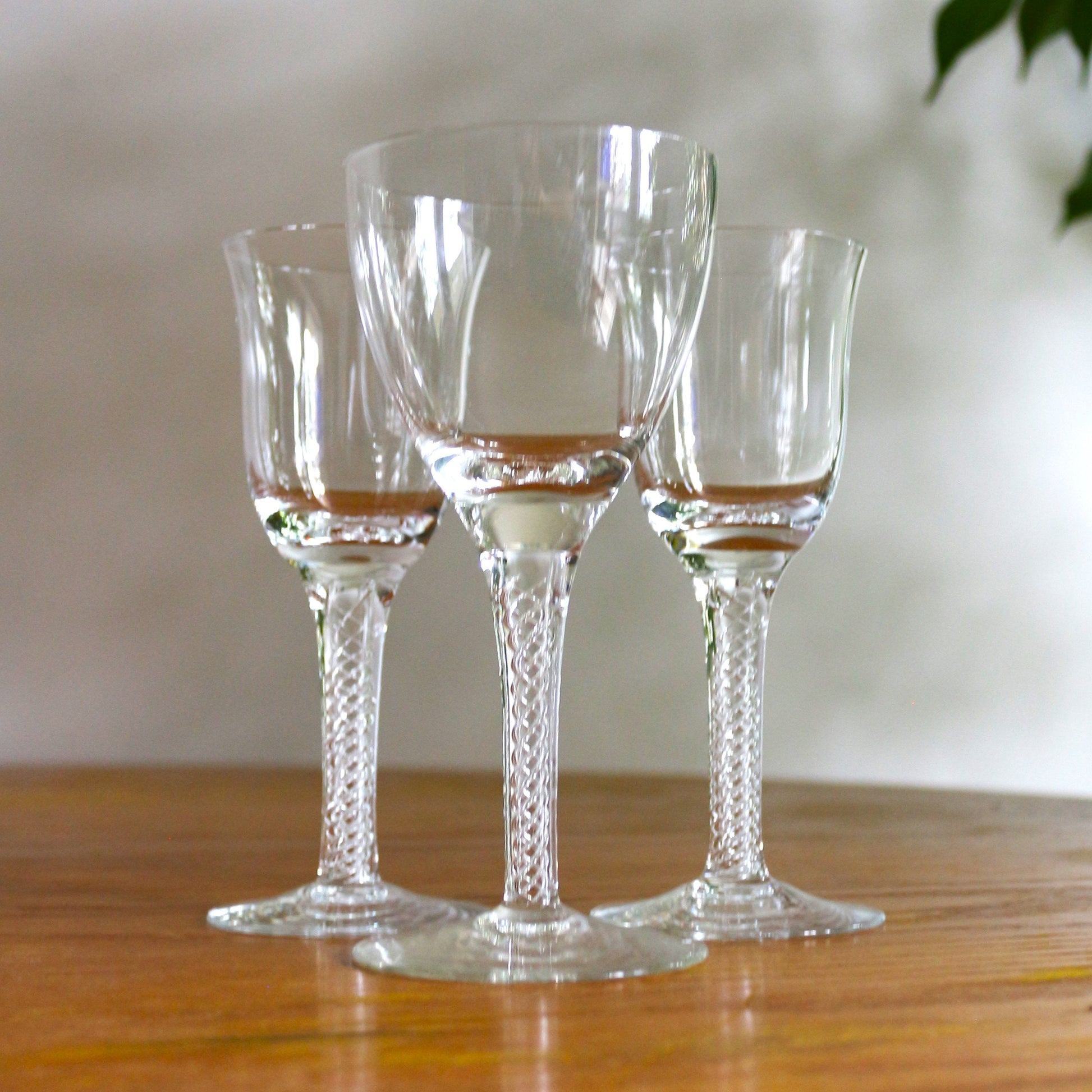 Vintage Waldonia Crystal Coupe Set: Air Twist Stem Cordial Glasses
