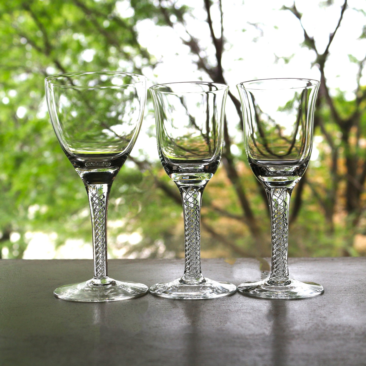Vintage Waldonia Crystal Coupe Set: Air Twist Stem Cordial Glasses