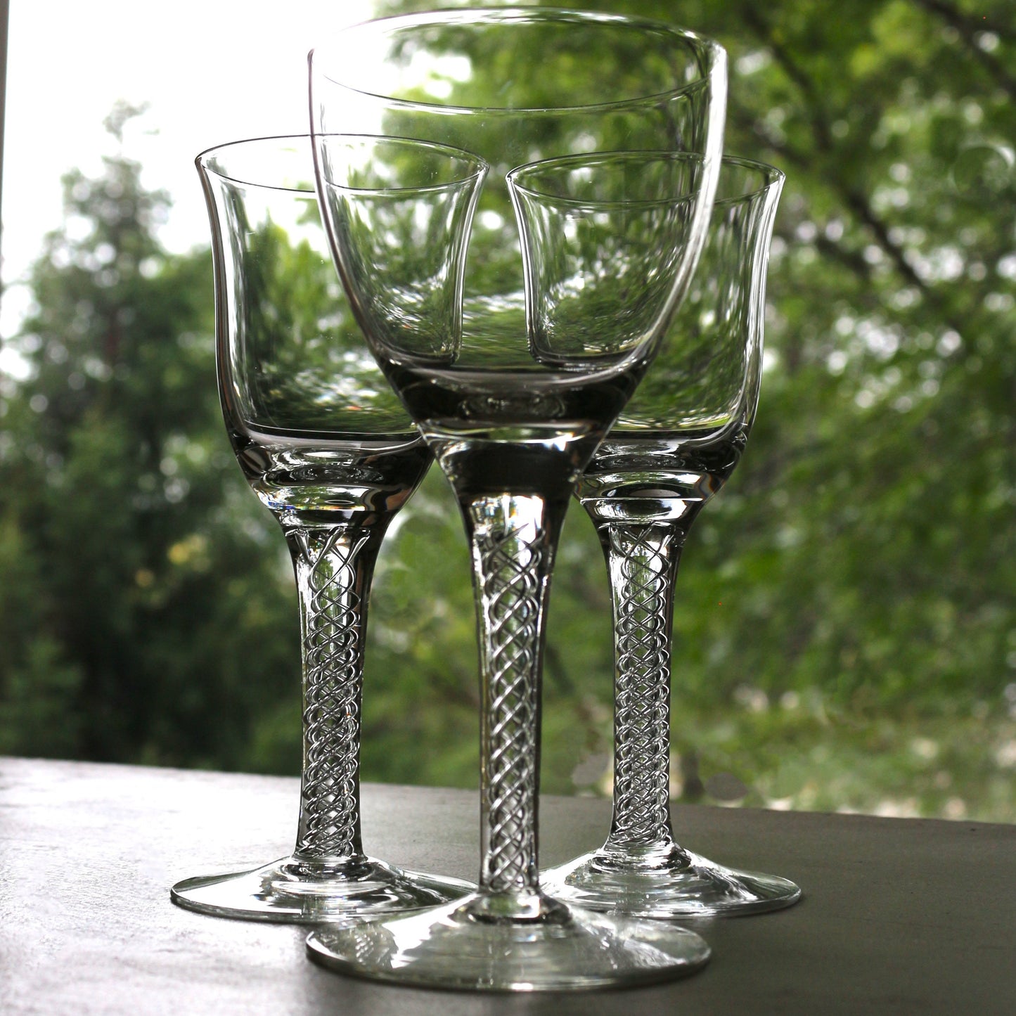 Vintage Waldonia Crystal Coupe Set: Air Twist Stem Cordial Glasses