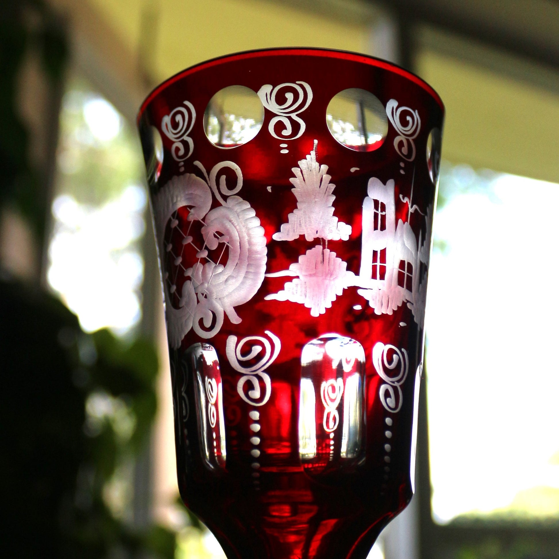 Antique Egermann Red Crystal Goblet: Cut to Clear Wine Glass