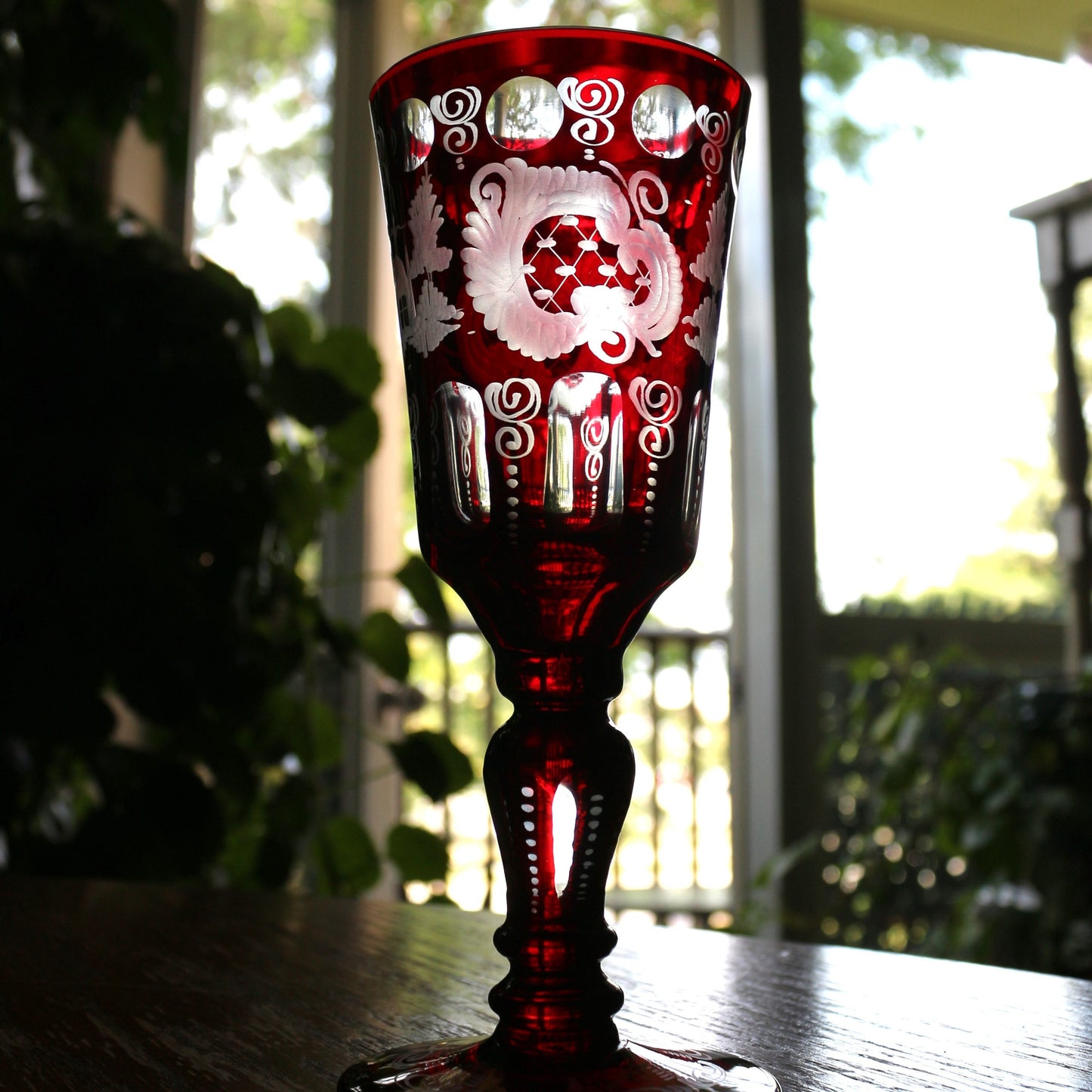 Antique Egermann Red Crystal Goblet: Cut to Clear Wine Glass
