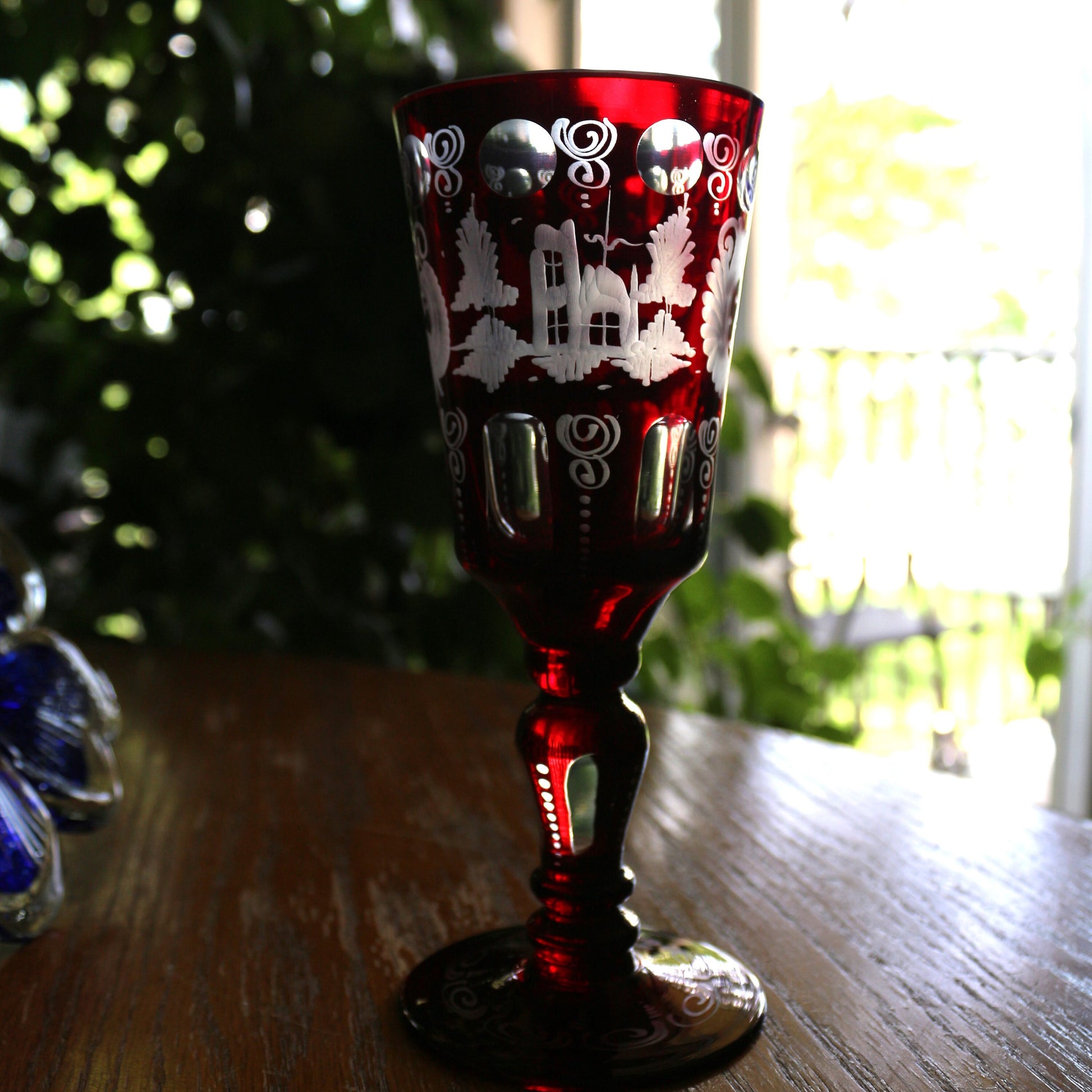 Antique Egermann Red Crystal Goblet: Cut to Clear Wine Glass