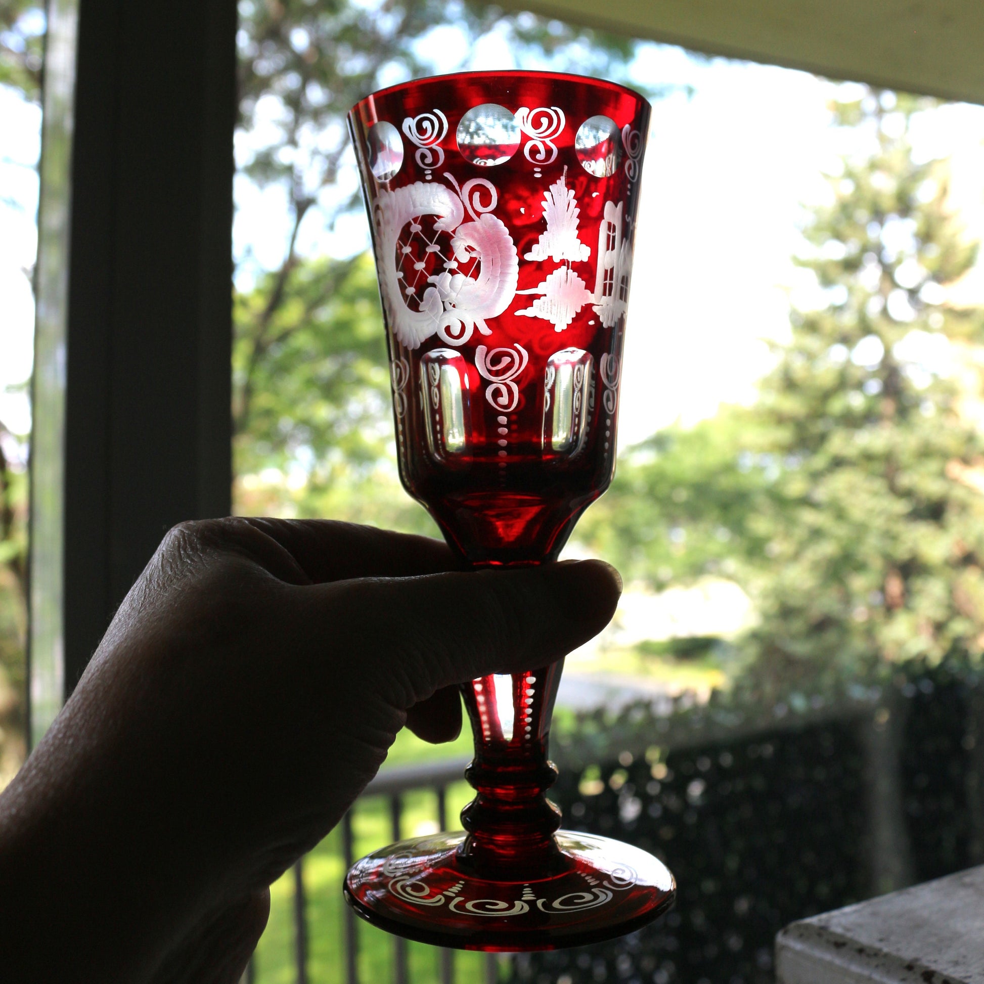 Antique Egermann Red Crystal Goblet: Cut to Clear Wine Glass