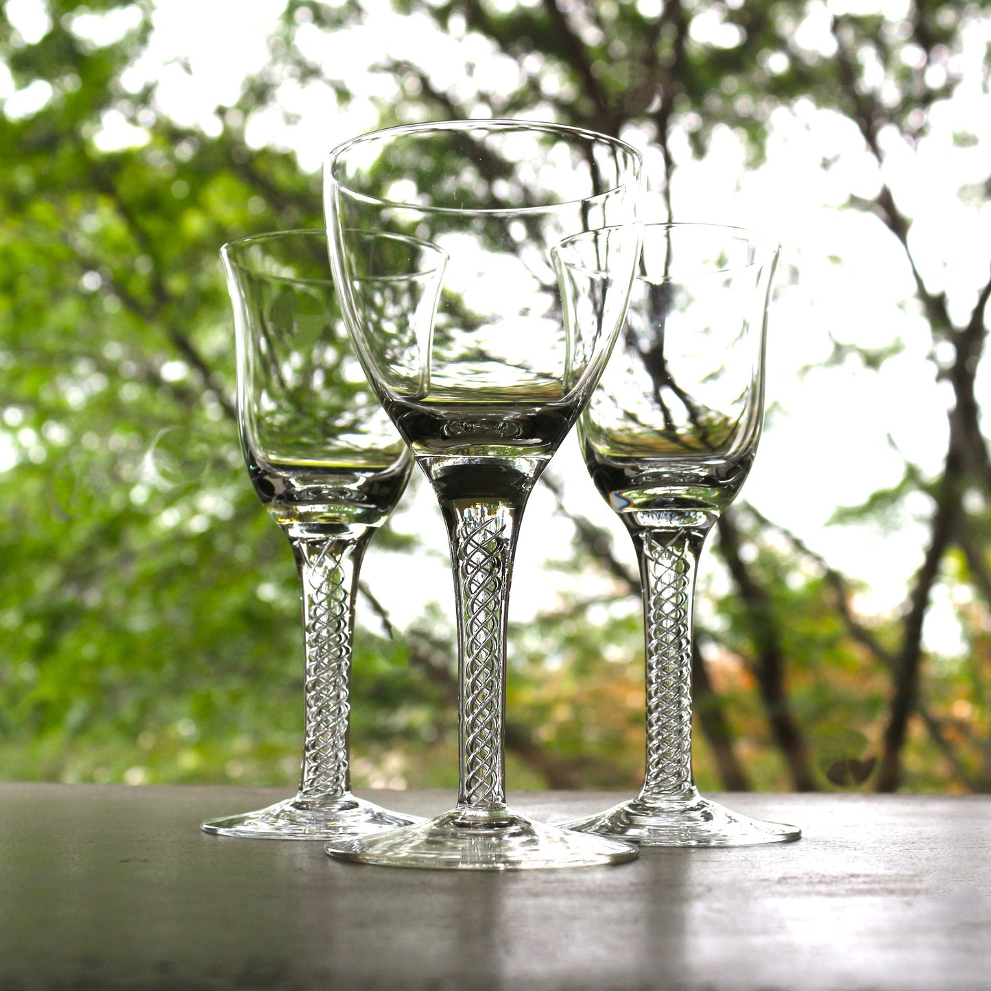 Vintage Waldonia Crystal Coupe Set: Air Twist Stem Cordial Glasses