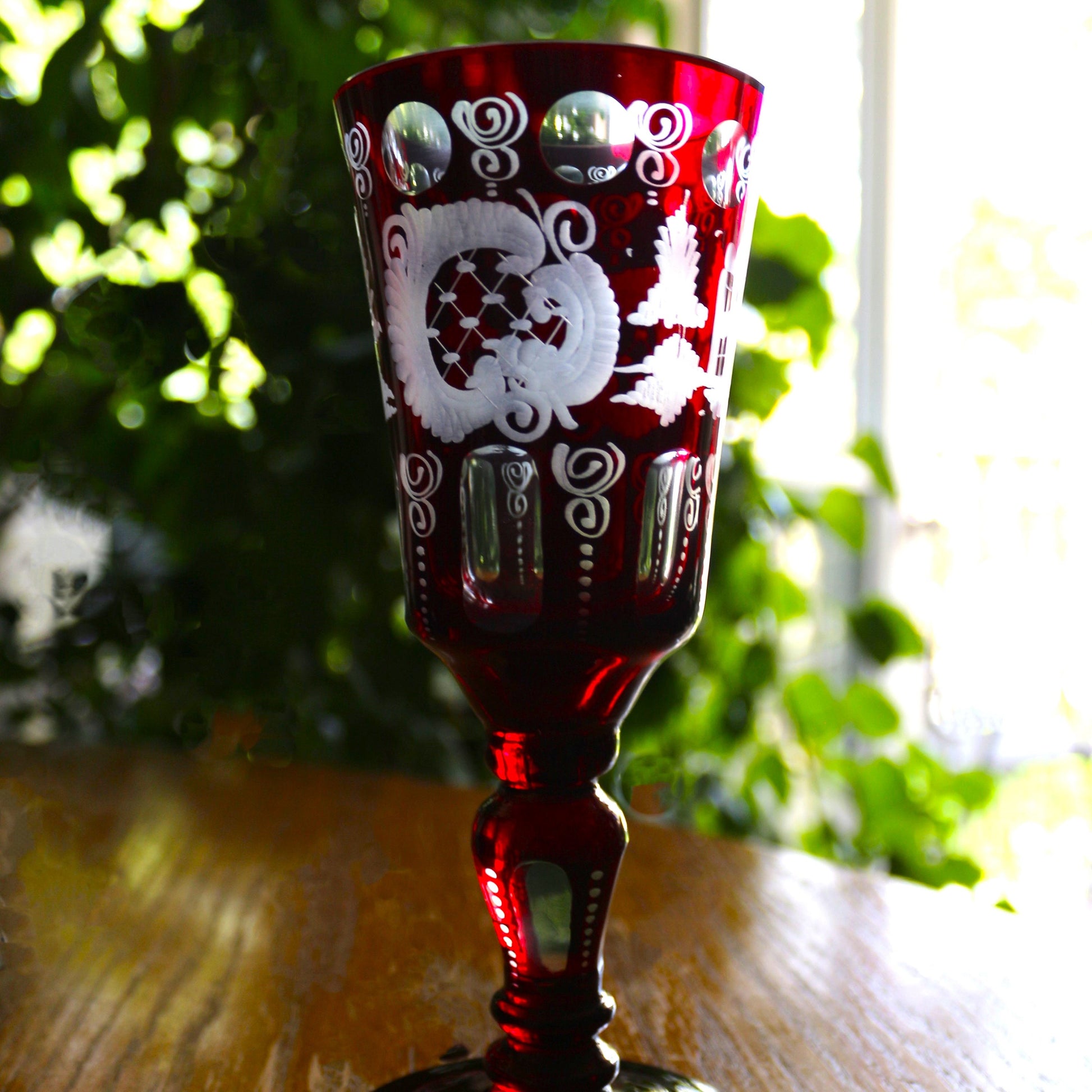Antique Egermann Red Crystal Goblet: Cut to Clear Wine Glass