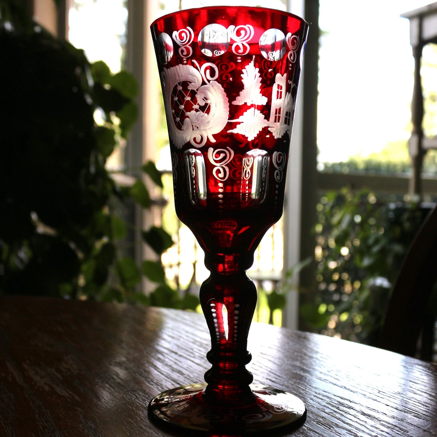 Antique Egermann Red Crystal Goblet: Cut to Clear Wine Glass