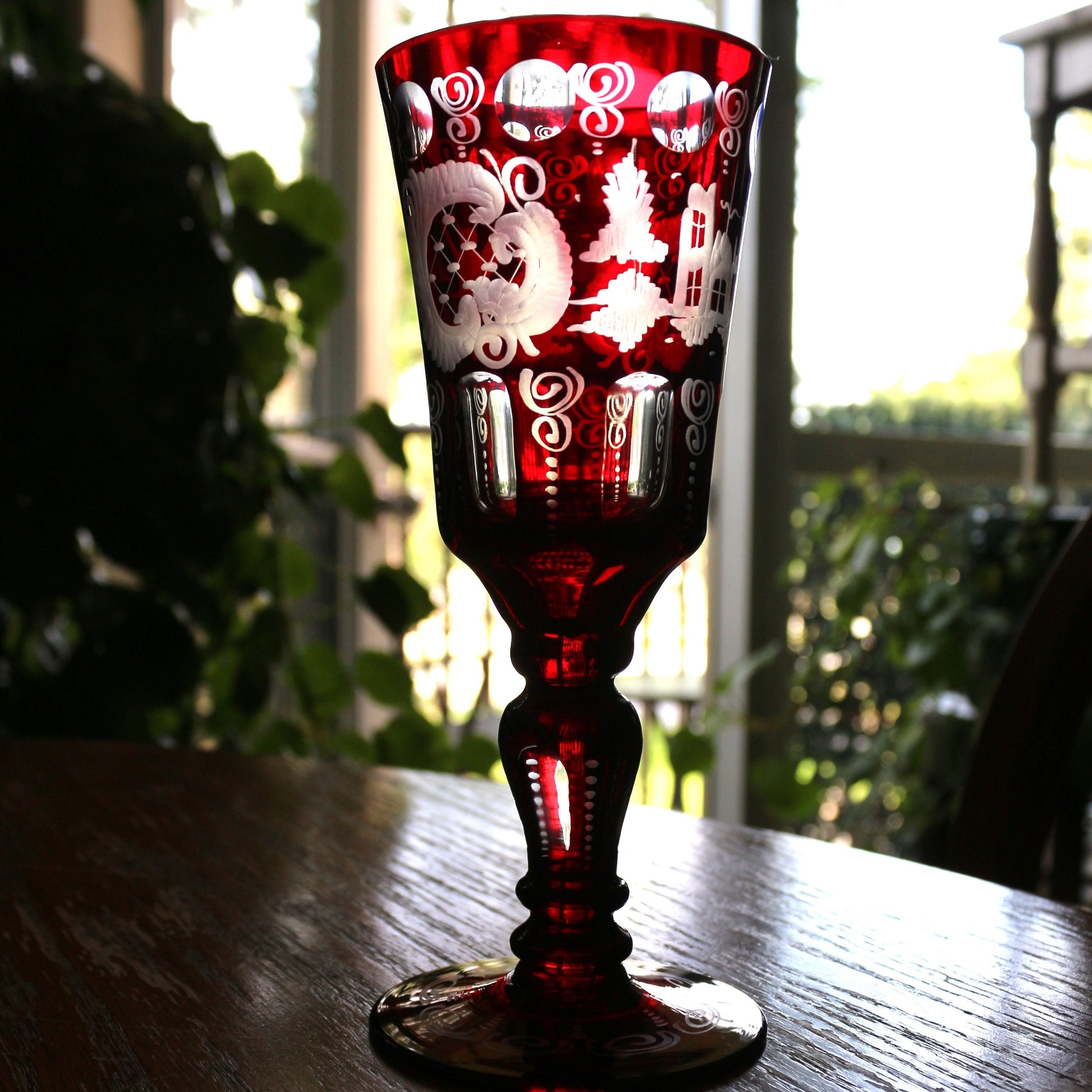 Antique Egermann Red Crystal Goblet: Cut to Clear Wine Glass