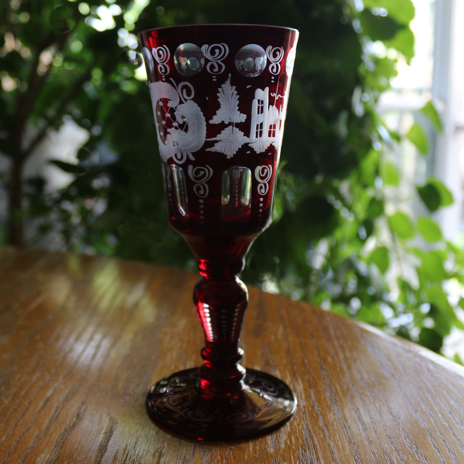Antique Egermann Red Crystal Goblet: Cut to Clear Wine Glass
