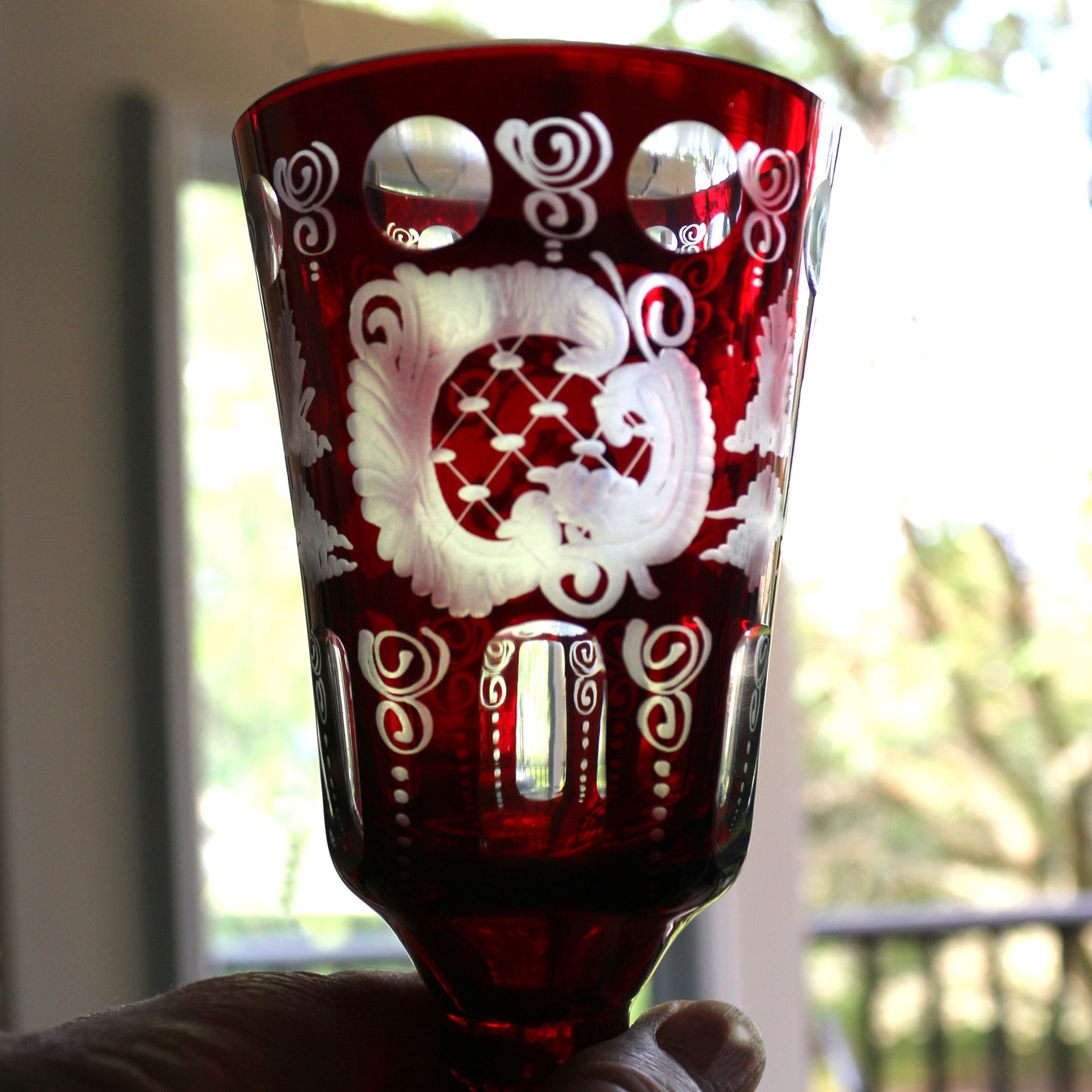 Antique Egermann Red Crystal Goblet: Cut to Clear Wine Glass