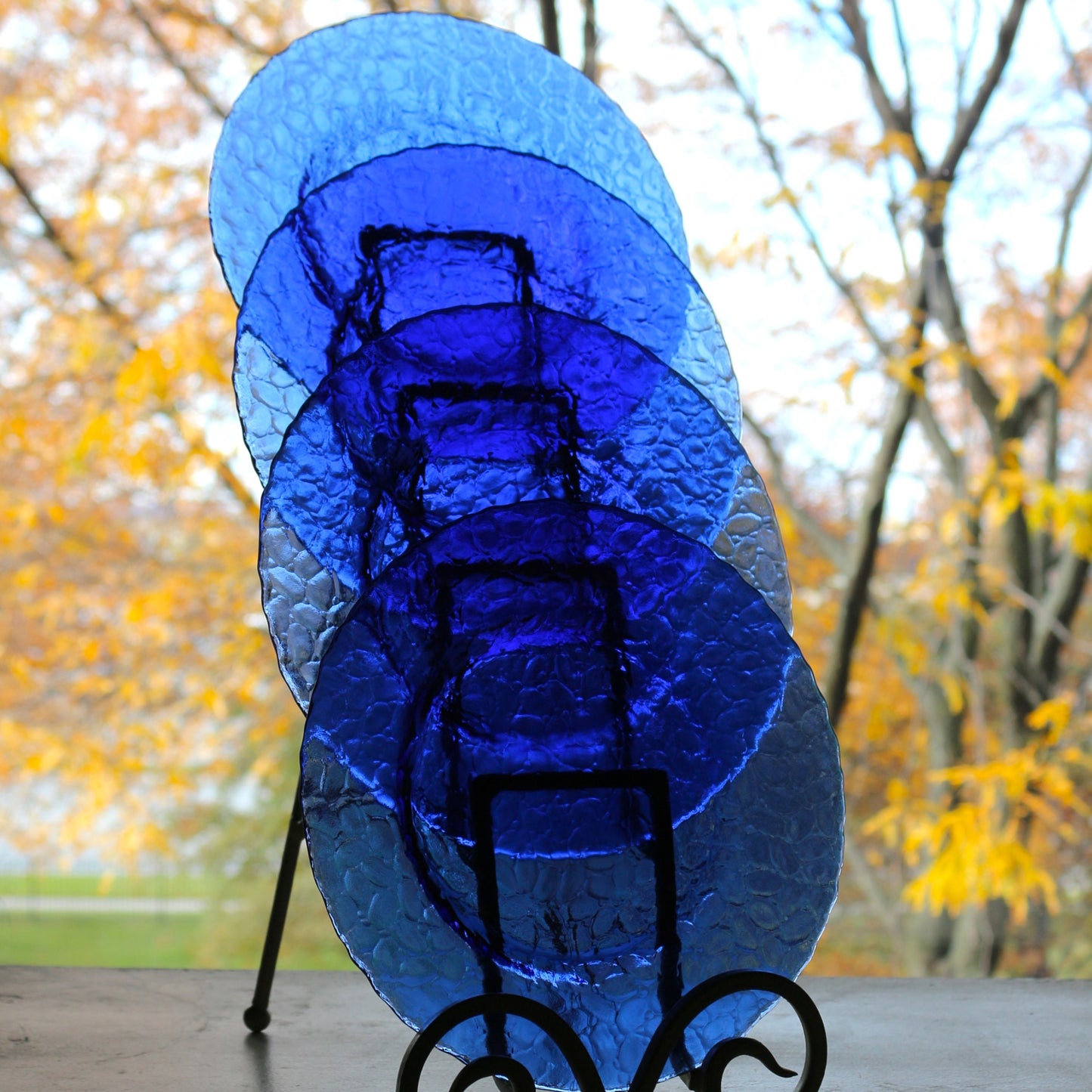 Cobalt Blue Glass Salad Plates - Patterned Appetizer Plates, Set of 4