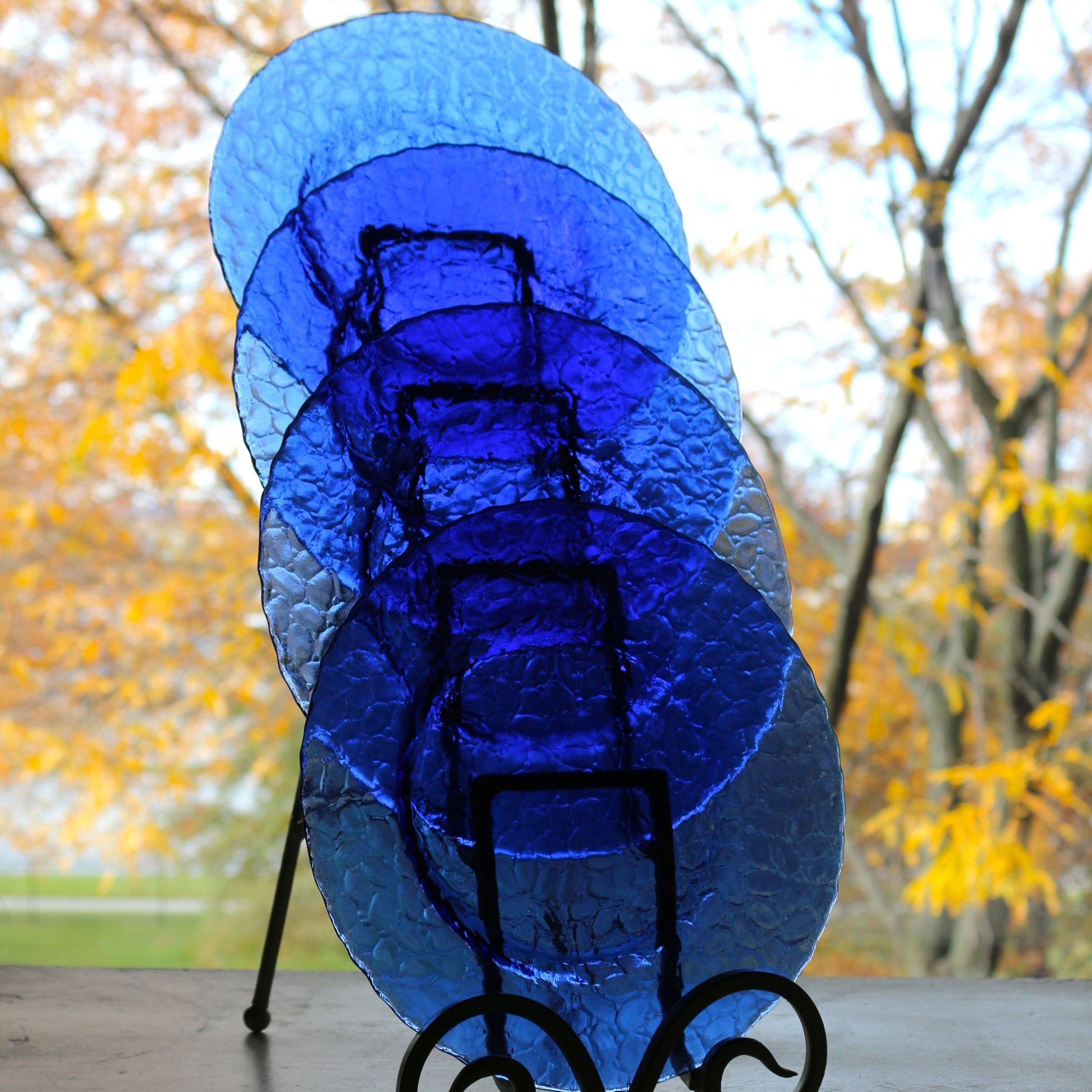 Cobalt Blue Glass Salad Plates - Patterned Appetizer Plates, Set of 4