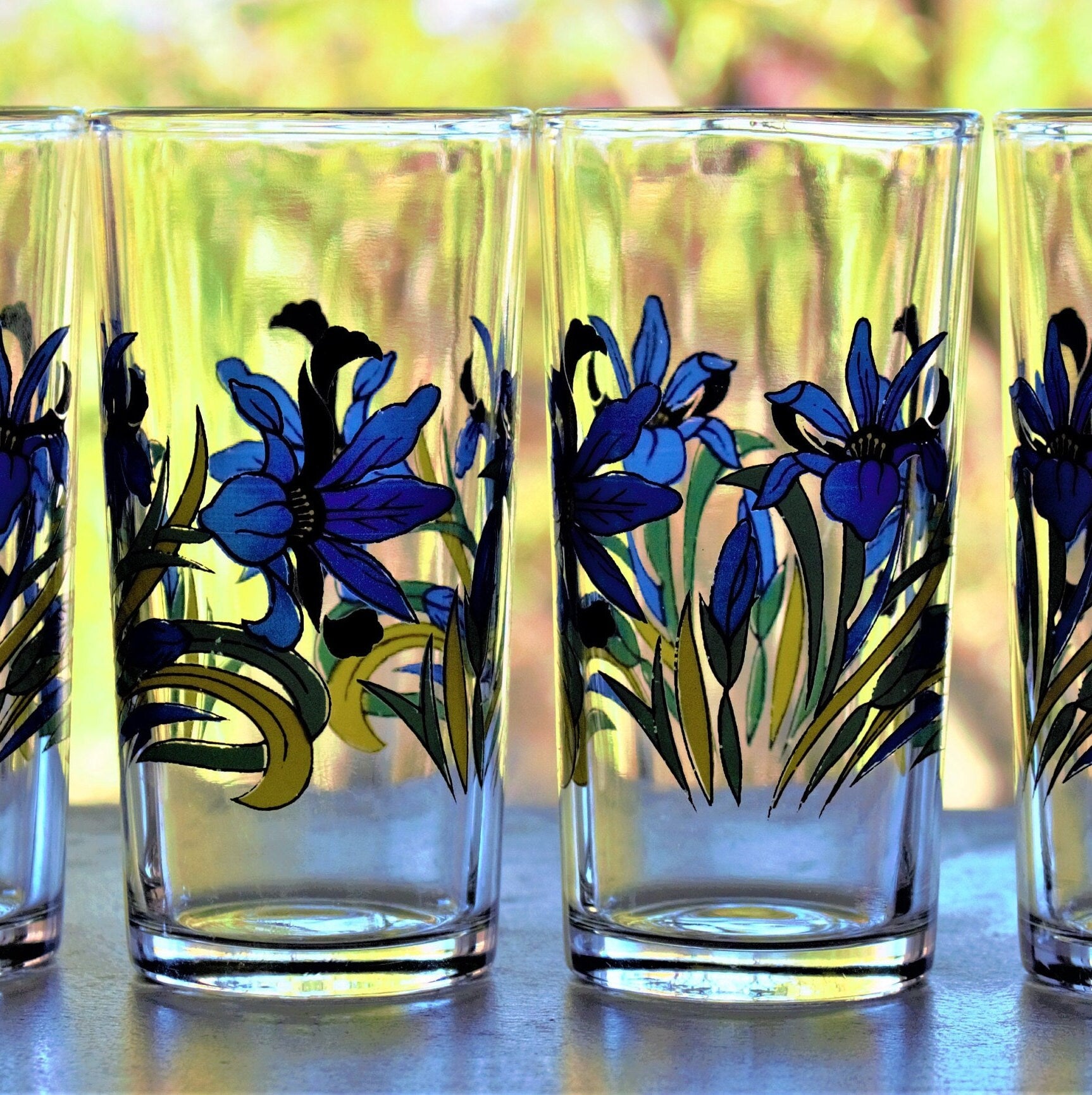 Vintage Juice Glasses, 4Pc Vintage Blue Glass with Blue Flowers, Blue Iris Glass Set, Vintage Tumblers, Retro Glass, Floral Glassware Gifts
