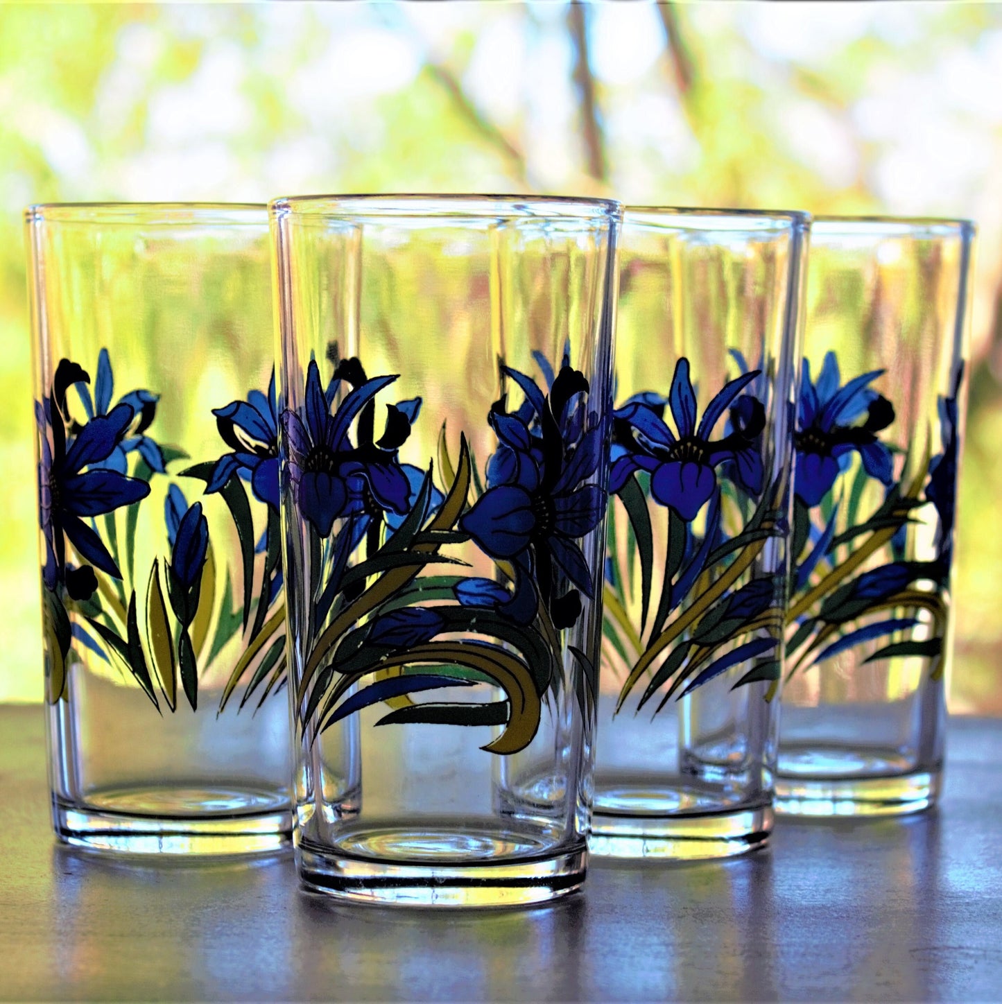 Vintage Juice Glasses, 4Pc Vintage Blue Glass with Blue Flowers, Blue Iris Glass Set, Vintage Tumblers, Retro Glass, Floral Glassware Gifts