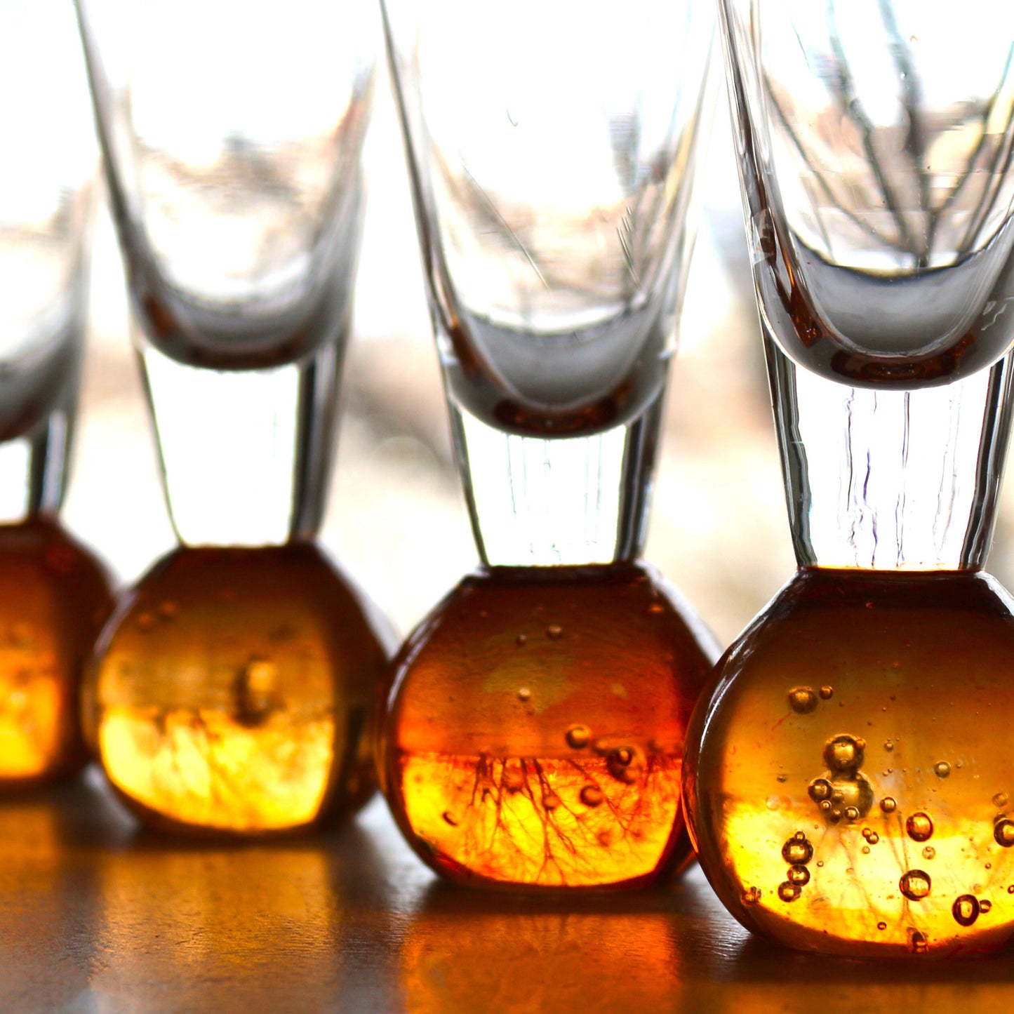 Hand Blown Orange Liqueur Shot Glass Set of four: Bubble Base Glassware