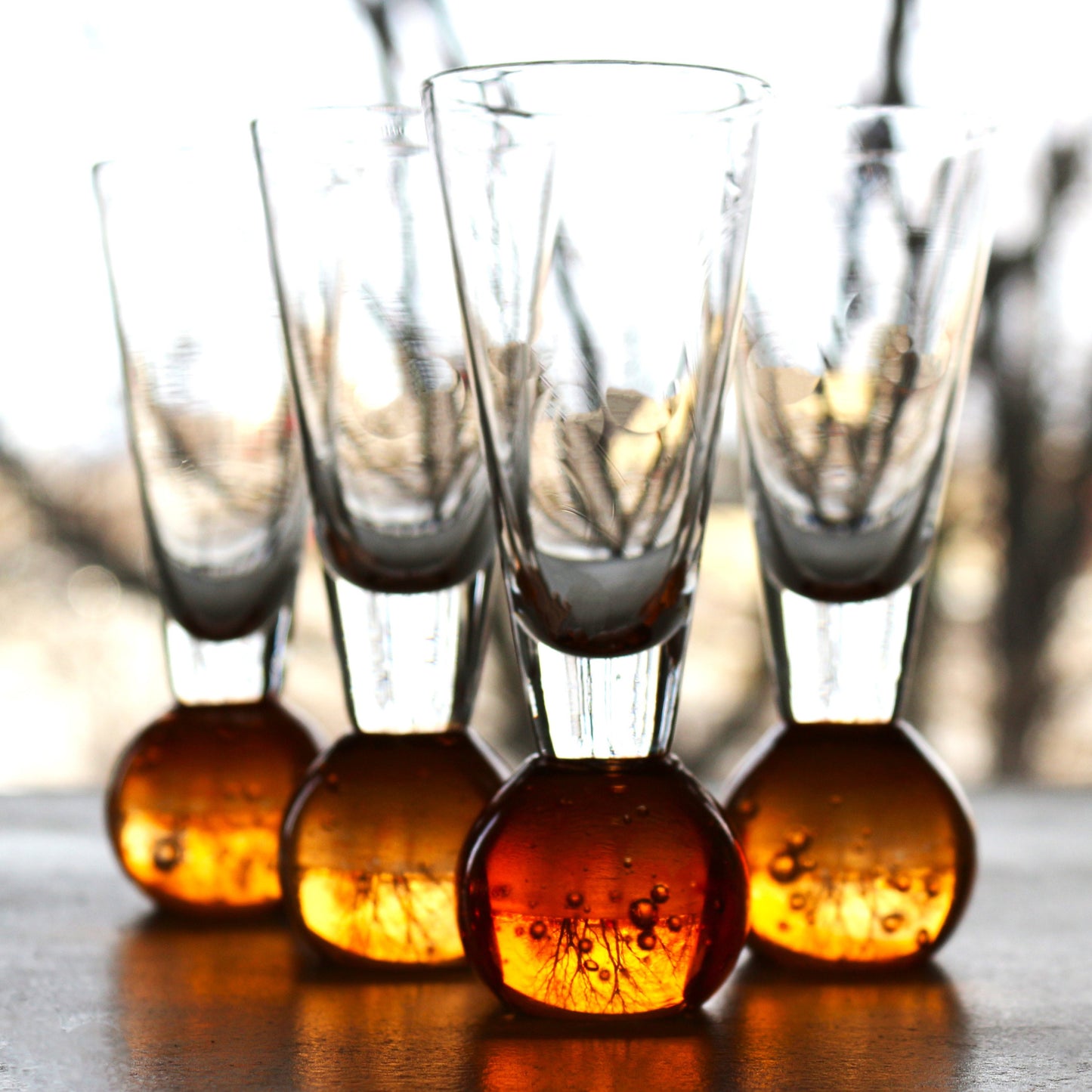 Hand Blown Orange Liqueur Shot Glass Set of four: Bubble Base Glassware