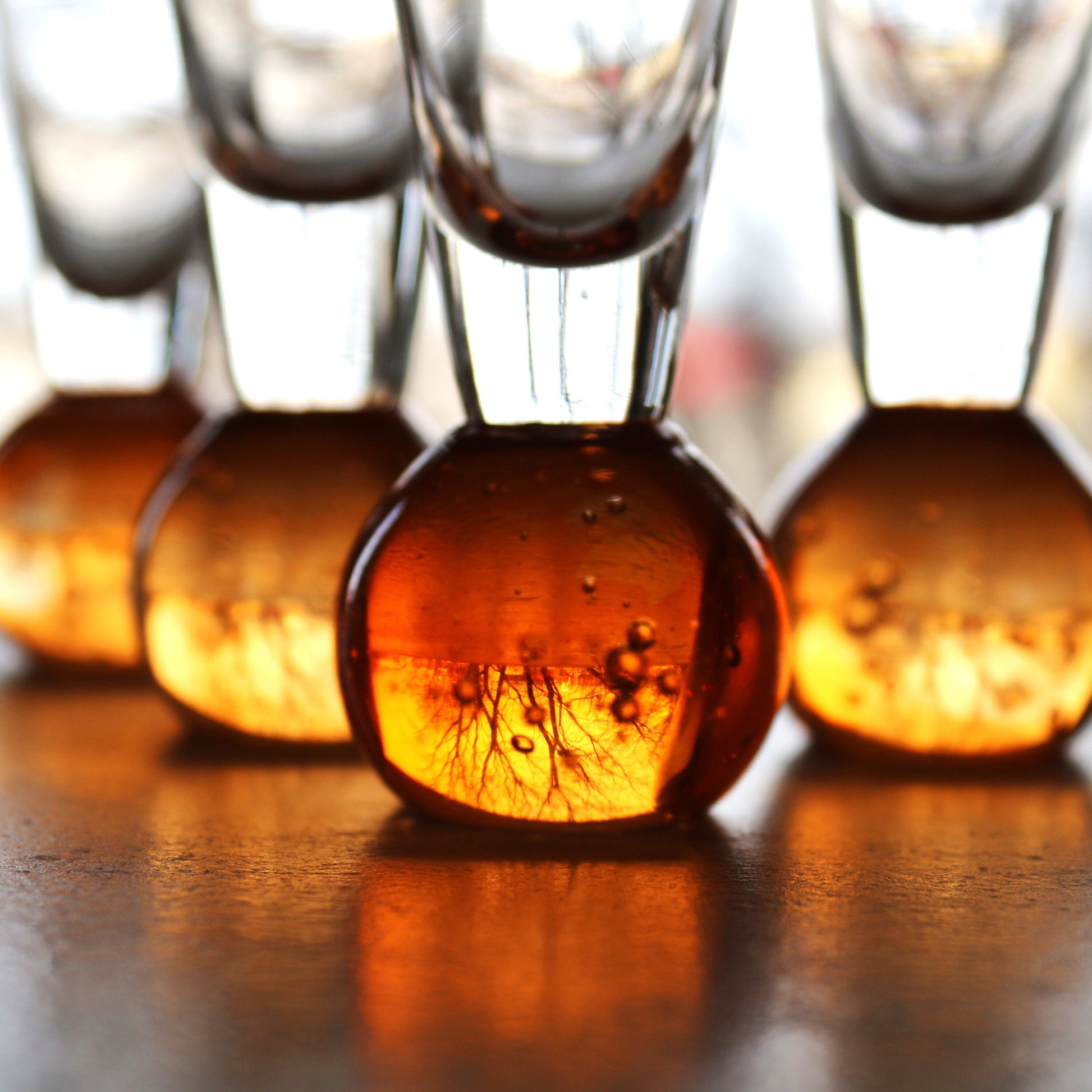 Hand Blown Orange Liqueur Shot Glass Set of four: Bubble Base Glassware