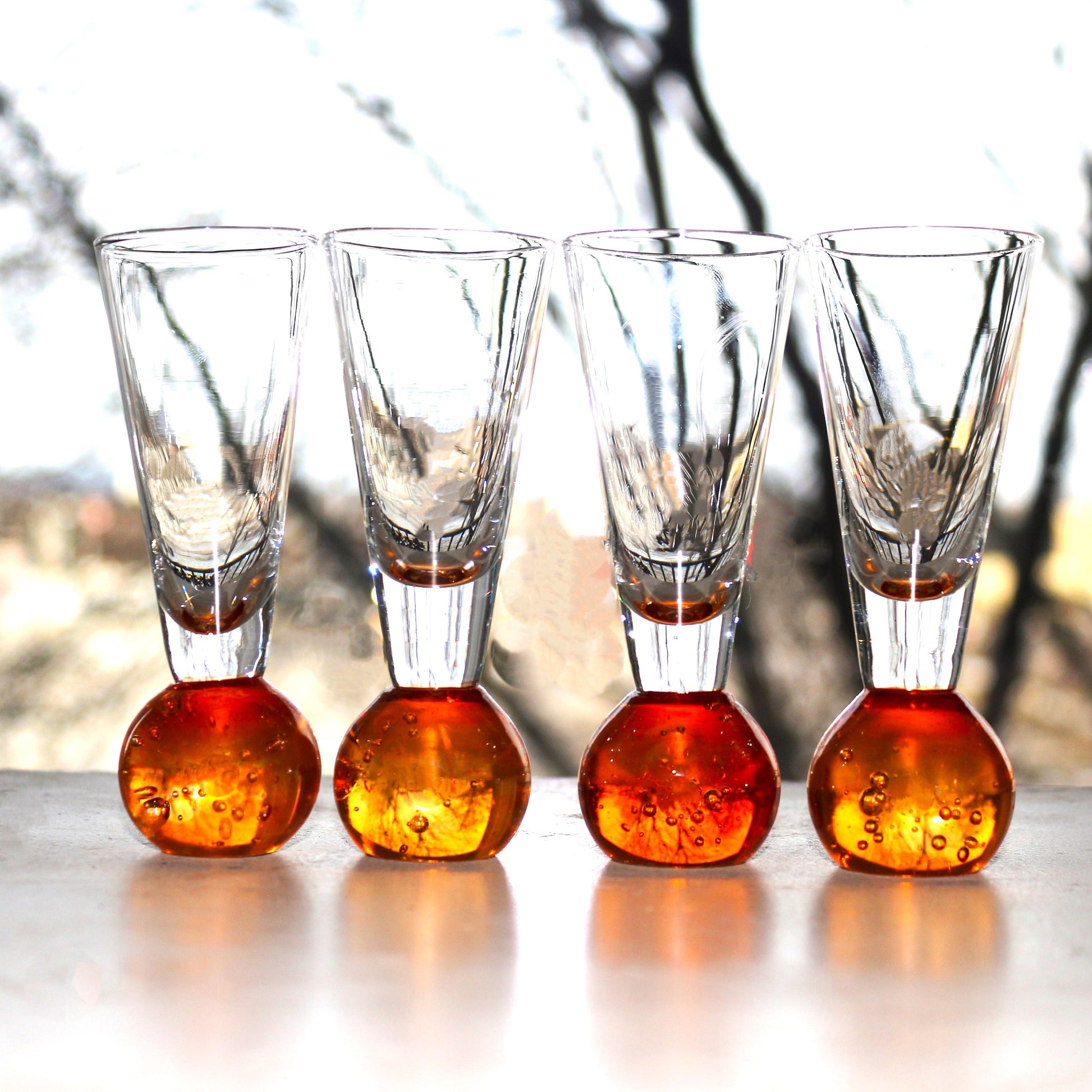 Hand Blown Orange Liqueur Shot Glass Set of four: Bubble Base Glassware