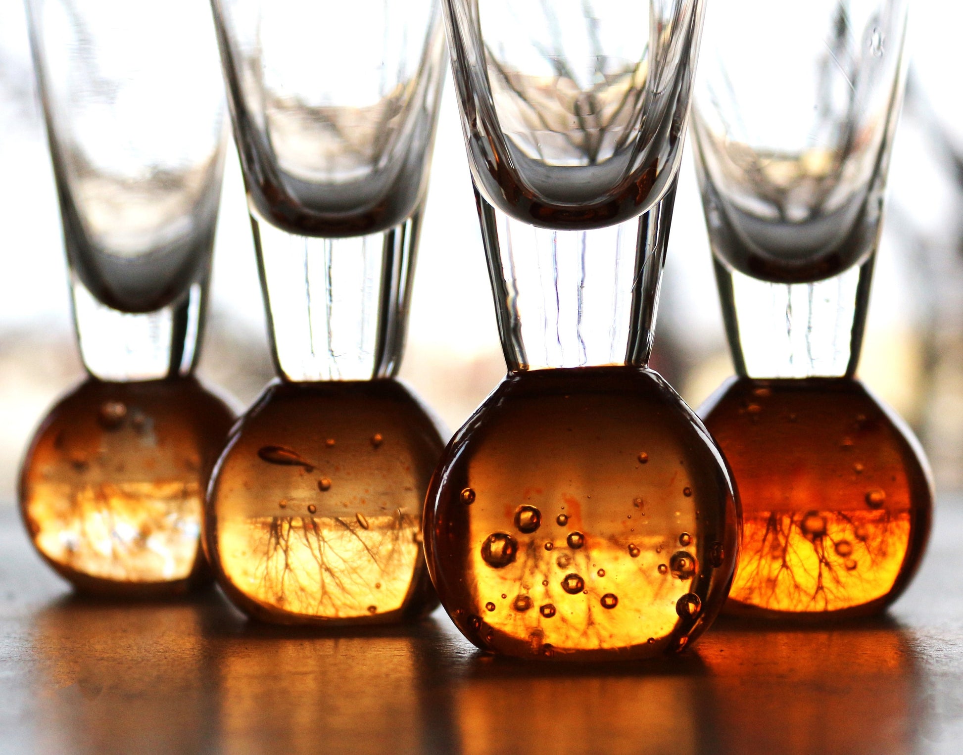 Hand Blown Orange Liqueur Shot Glass Set of four: Bubble Base Glassware