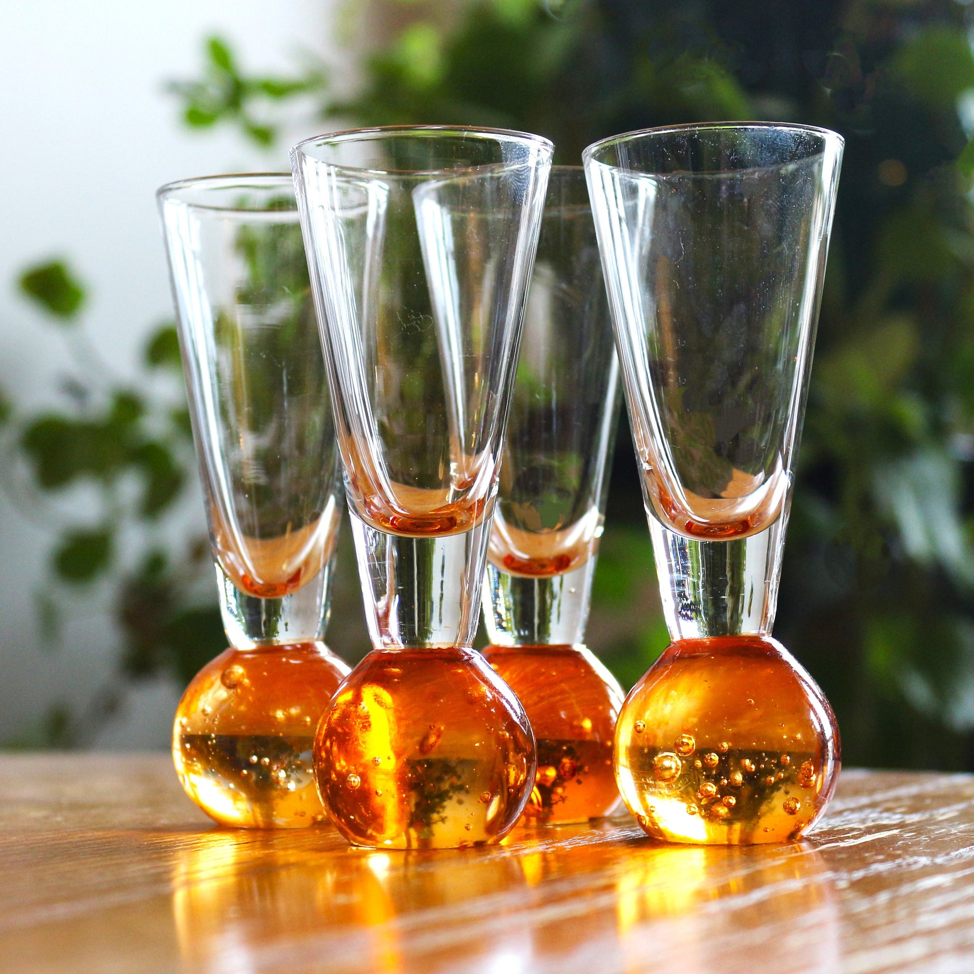 Hand Blown Orange Liqueur Shot Glass Set of four: Bubble Base Glassware
