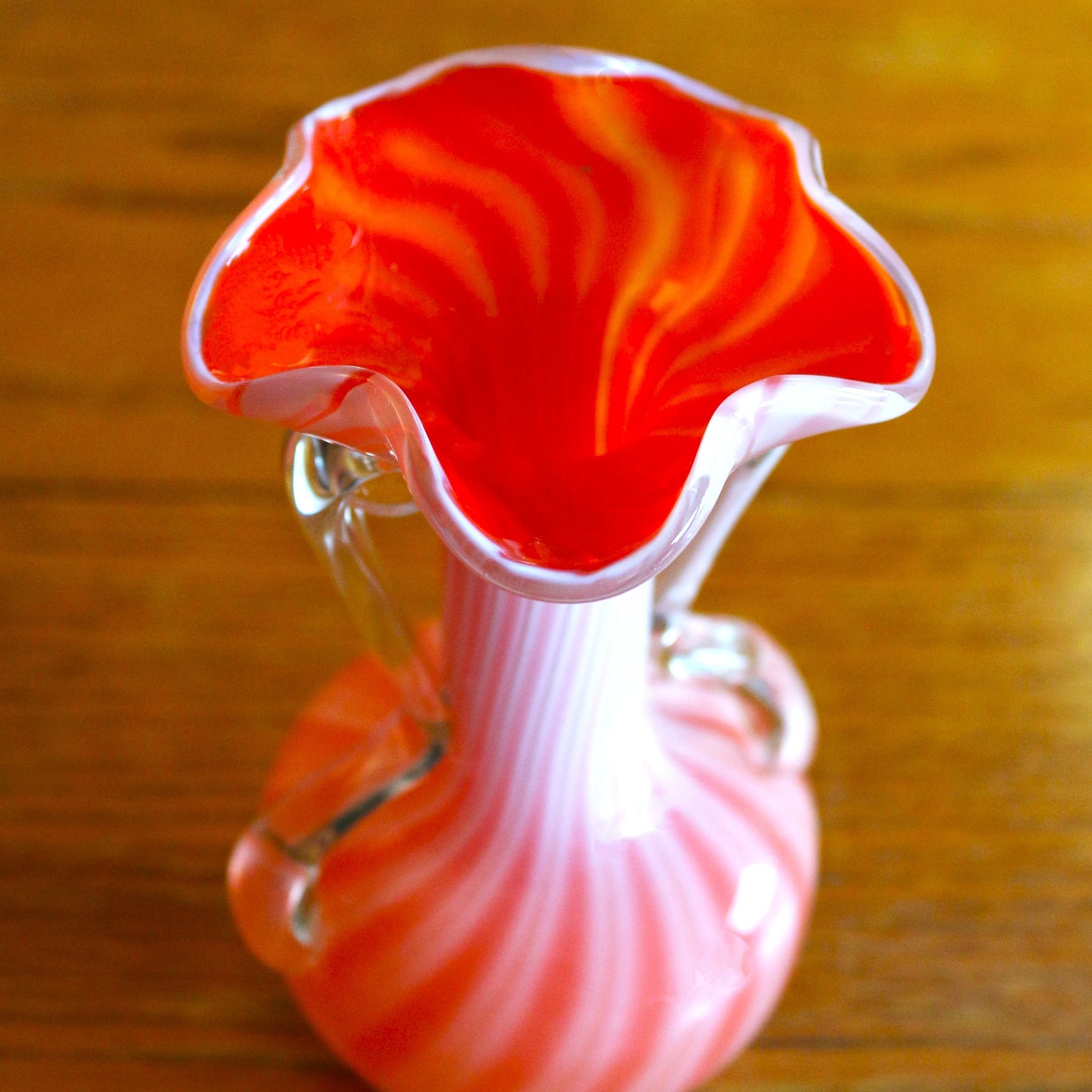Handblown Orange Murano Vase: Cased Glass with Applied Handles, scalloped edge vase