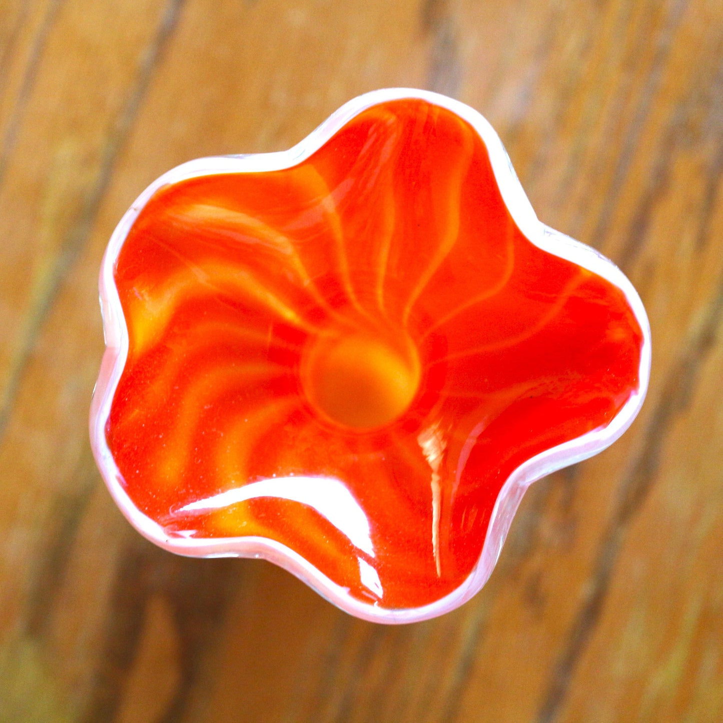 Handblown Orange Murano Vase: Cased Glass with Applied Handles, scalloped edge vase