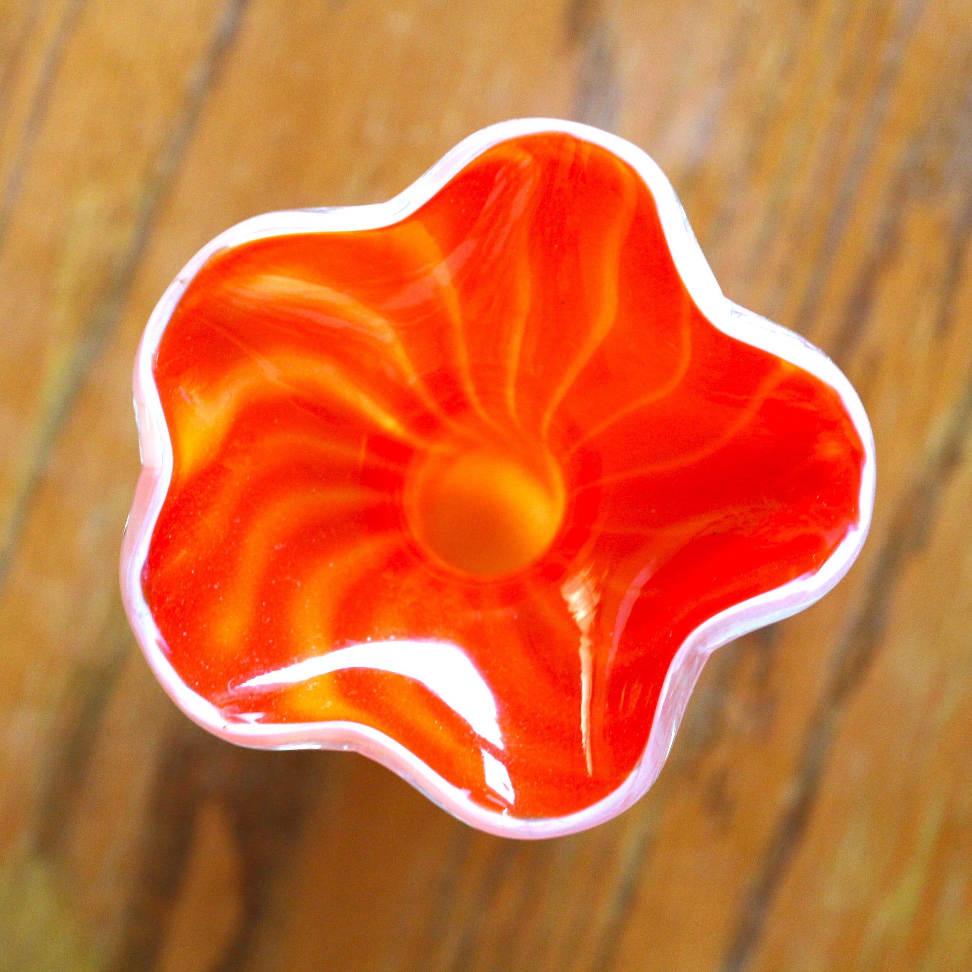 Handblown Orange Murano Vase: Cased Glass with Applied Handles, scalloped edge vase