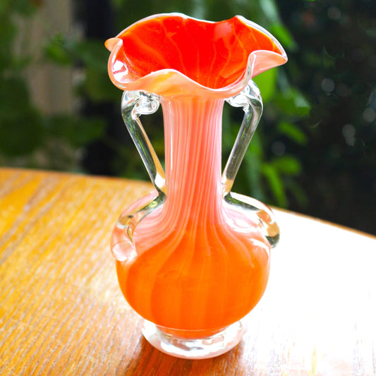 Handblown Orange Murano Vase: Cased Glass with Applied Handles, scalloped edge vase