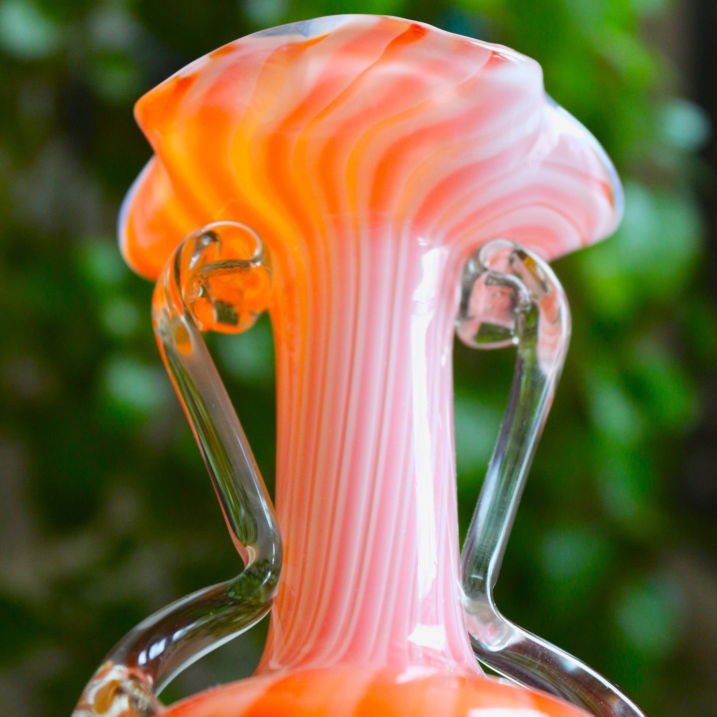 Handblown Orange Murano Vase: Cased Glass with Applied Handles, scalloped edge vase