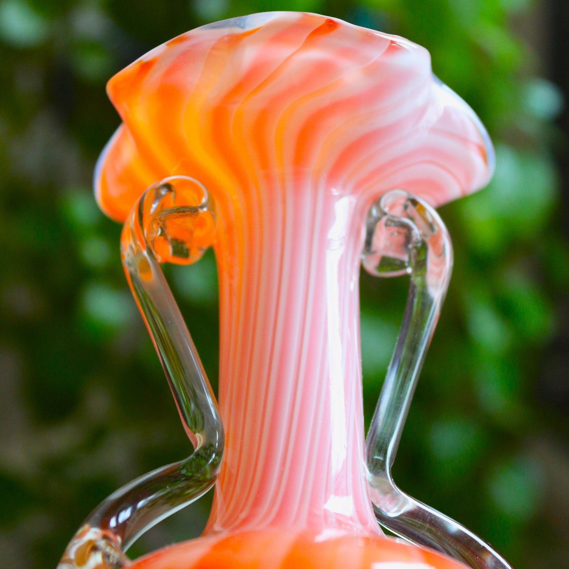 Handblown Orange Murano Vase: Cased Glass with Applied Handles, scalloped edge vase
