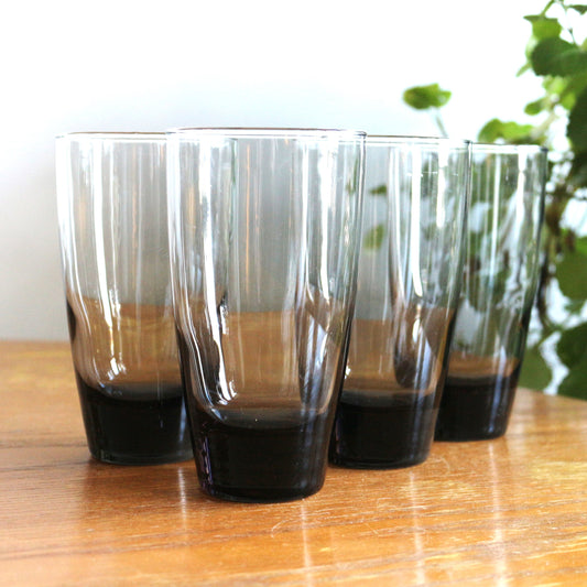 Vintage Smokey Black Highball Glasses - Mid-Century Modern Barware, Set of 4