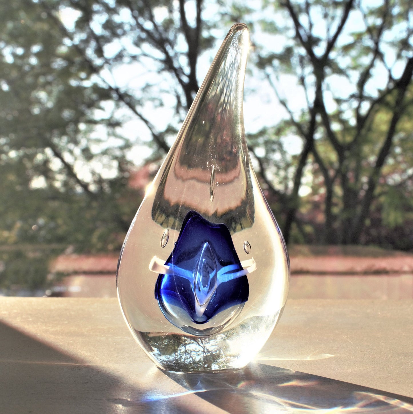 Adam Jablonski Art Glass Sculpture: Blue Teardrop Paperweight