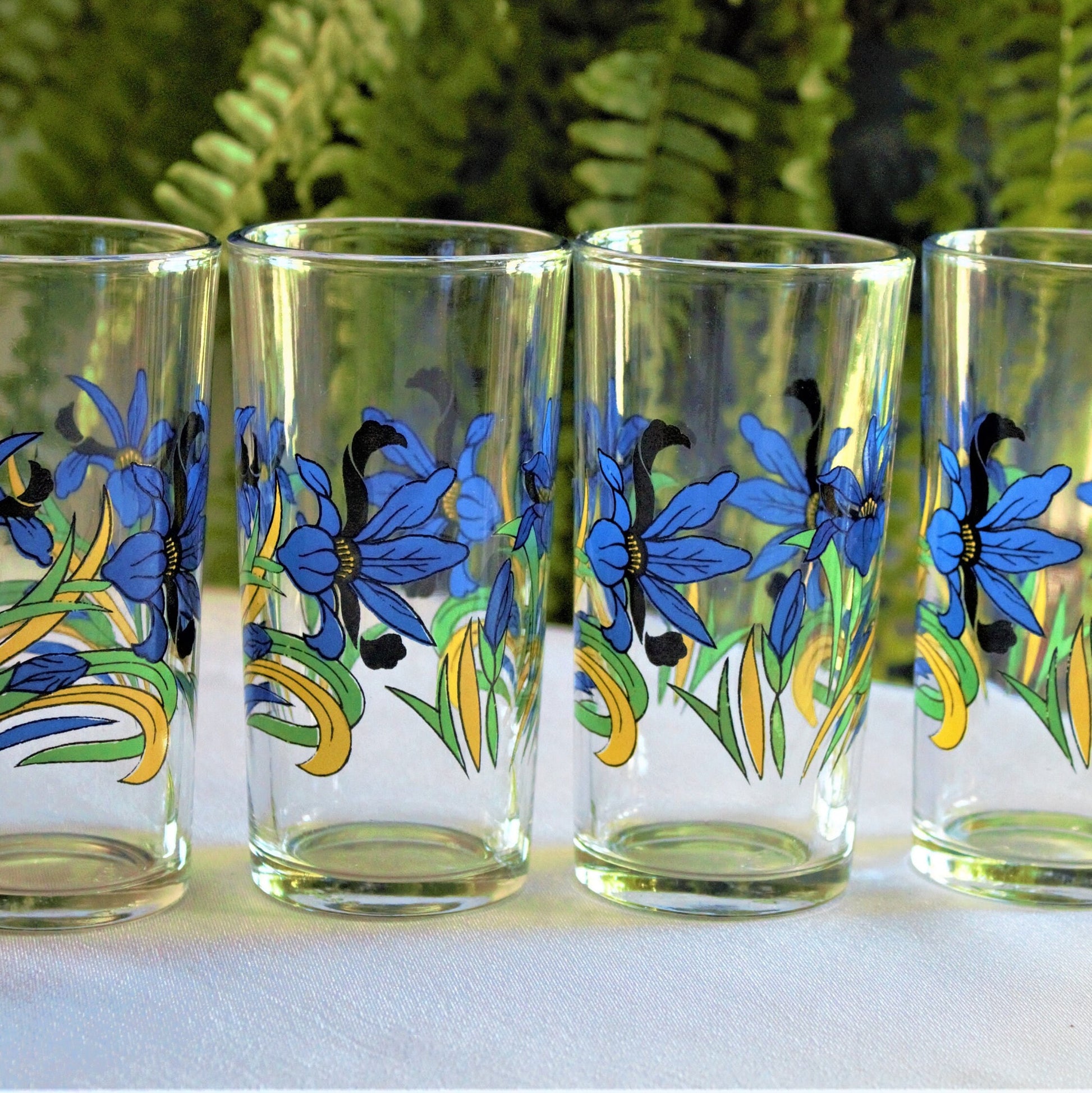 Vintage Juice Glasses, 4Pc Vintage Blue Glass with Blue Flowers, Blue Iris Glass Set, Vintage Tumblers, Retro Glass, Floral Glassware Gifts