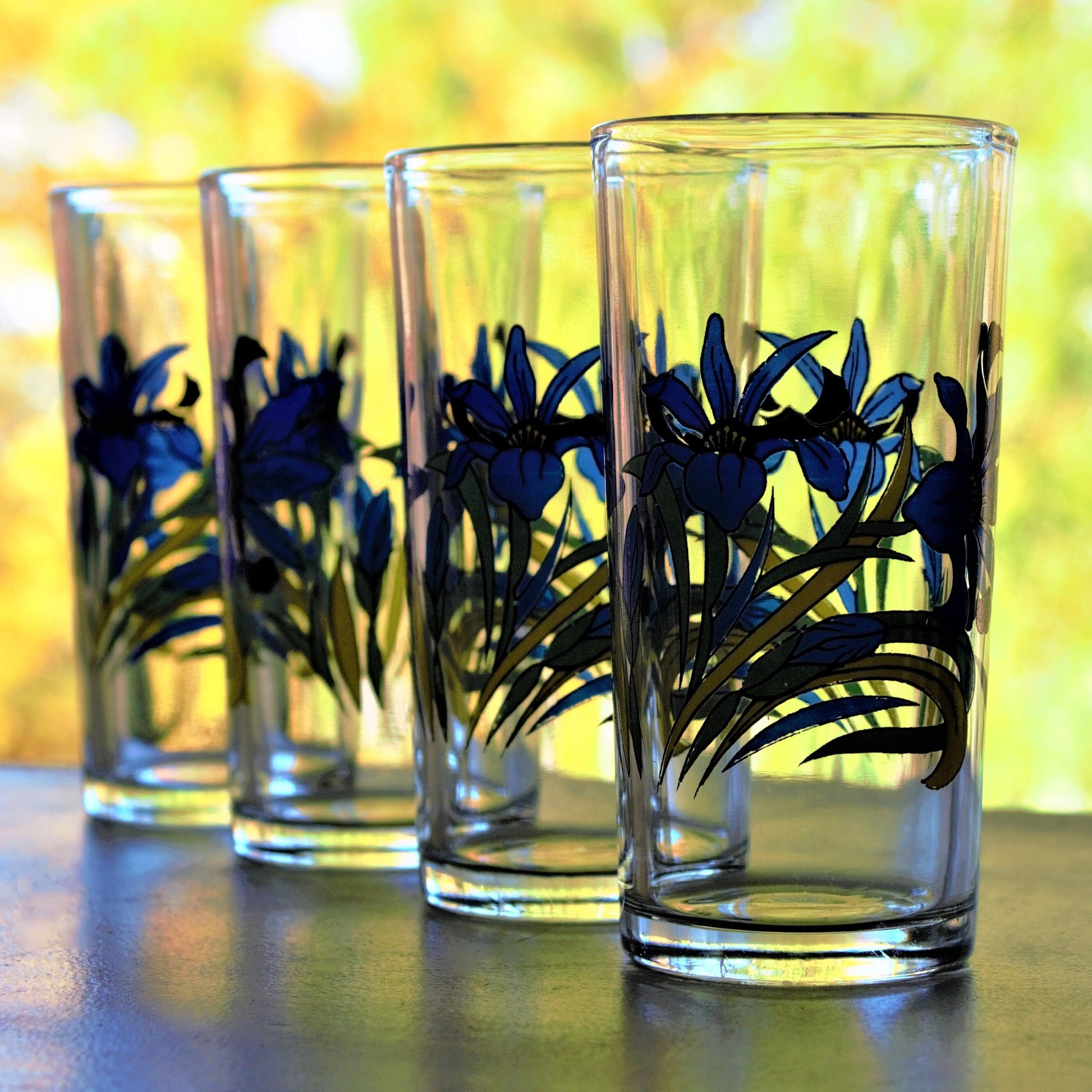 Vintage Juice Glasses, 4Pc Vintage Blue Glass with Blue Flowers, Blue Iris Glass Set, Vintage Tumblers, Retro Glass, Floral Glassware Gifts