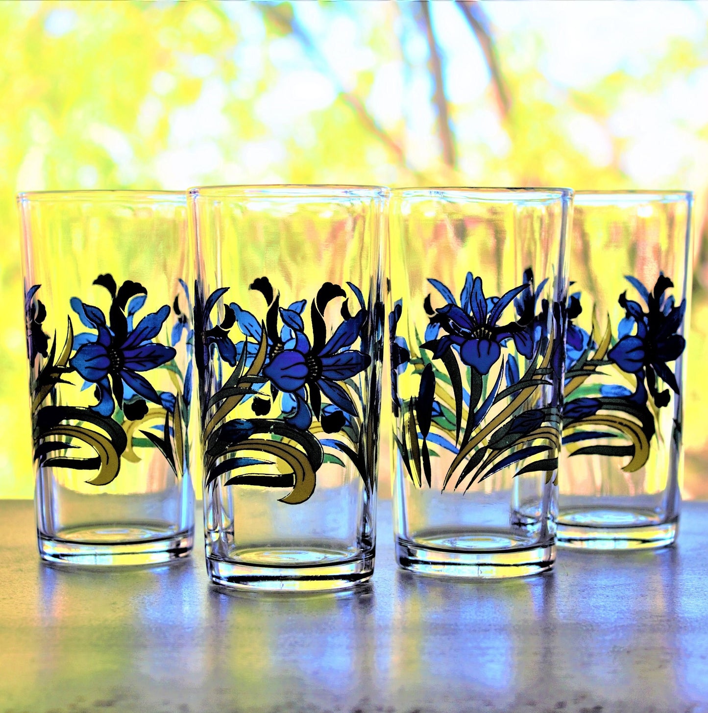 Vintage Juice Glasses, 4Pc Vintage Blue Glass with Blue Flowers, Blue Iris Glass Set, Vintage Tumblers, Retro Glass, Floral Glassware Gifts
