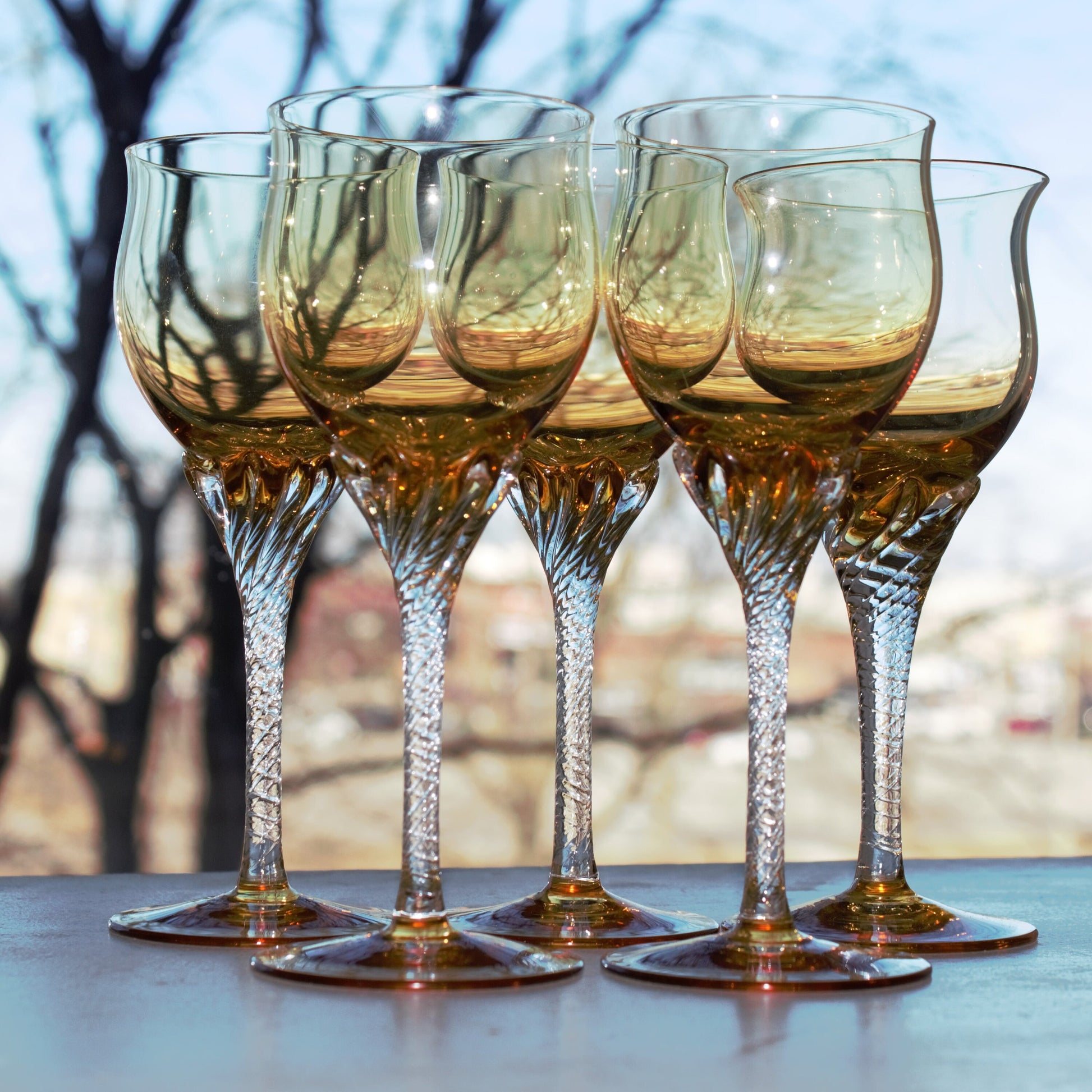 Vintage Italian Gold Coupe Glasses: Twisted Stem Stemware, Set of 4