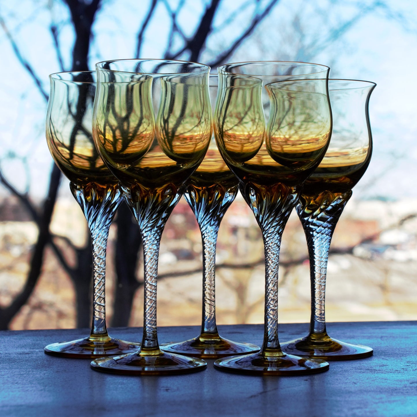 Vintage Italian Gold Coupe Glasses: Twisted Stem Stemware, Set of 4