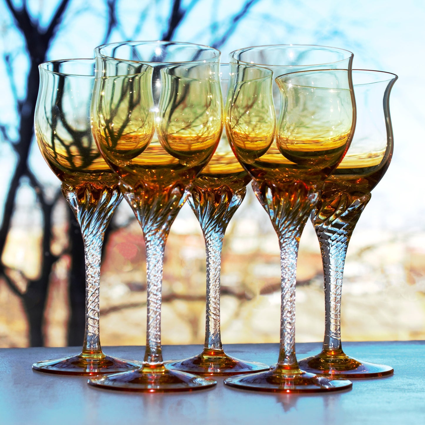 Vintage Italian Gold Coupe Glasses: Twisted Stem Stemware, Set of 4