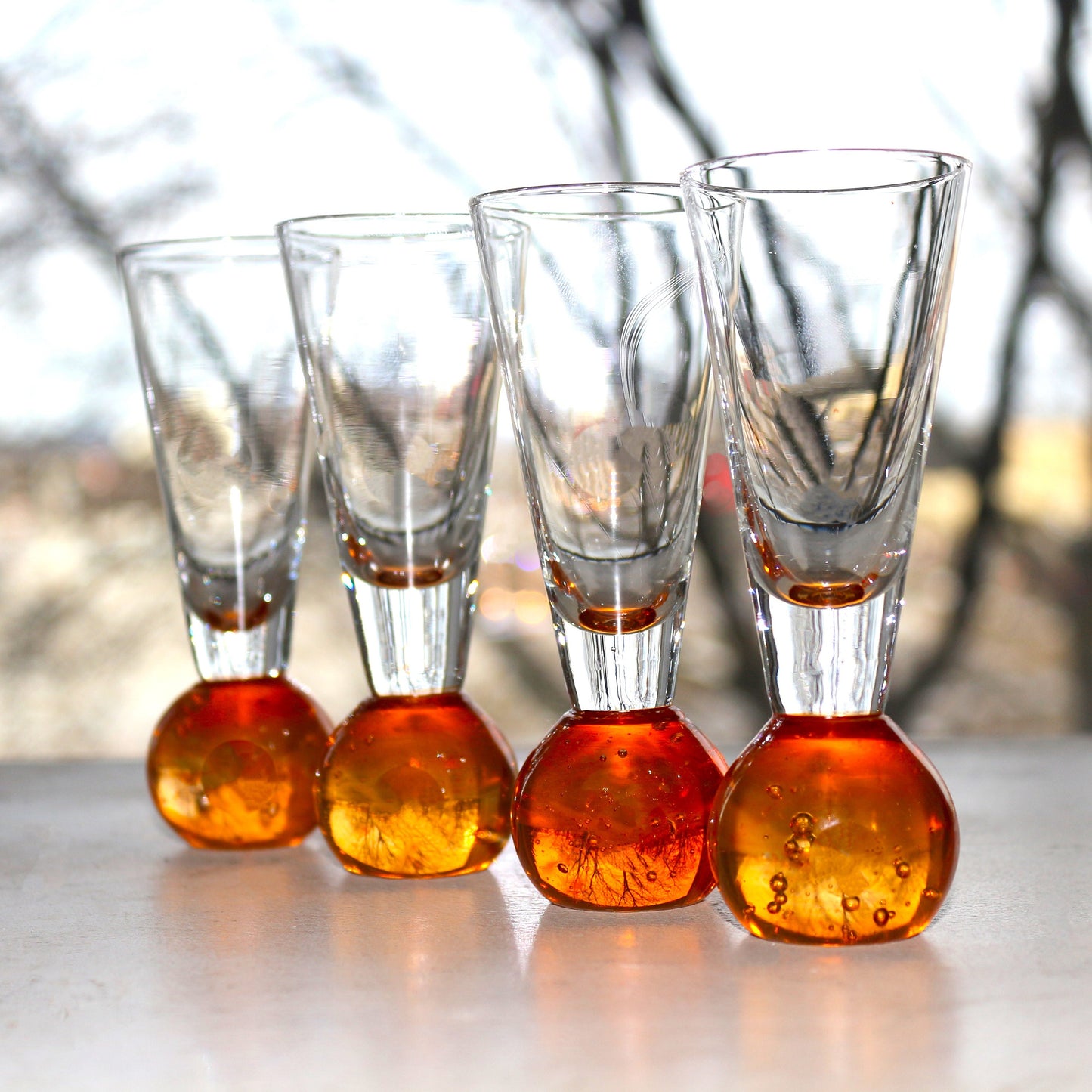 Hand Blown Orange Liqueur Shot Glass Set of four: Bubble Base Glassware