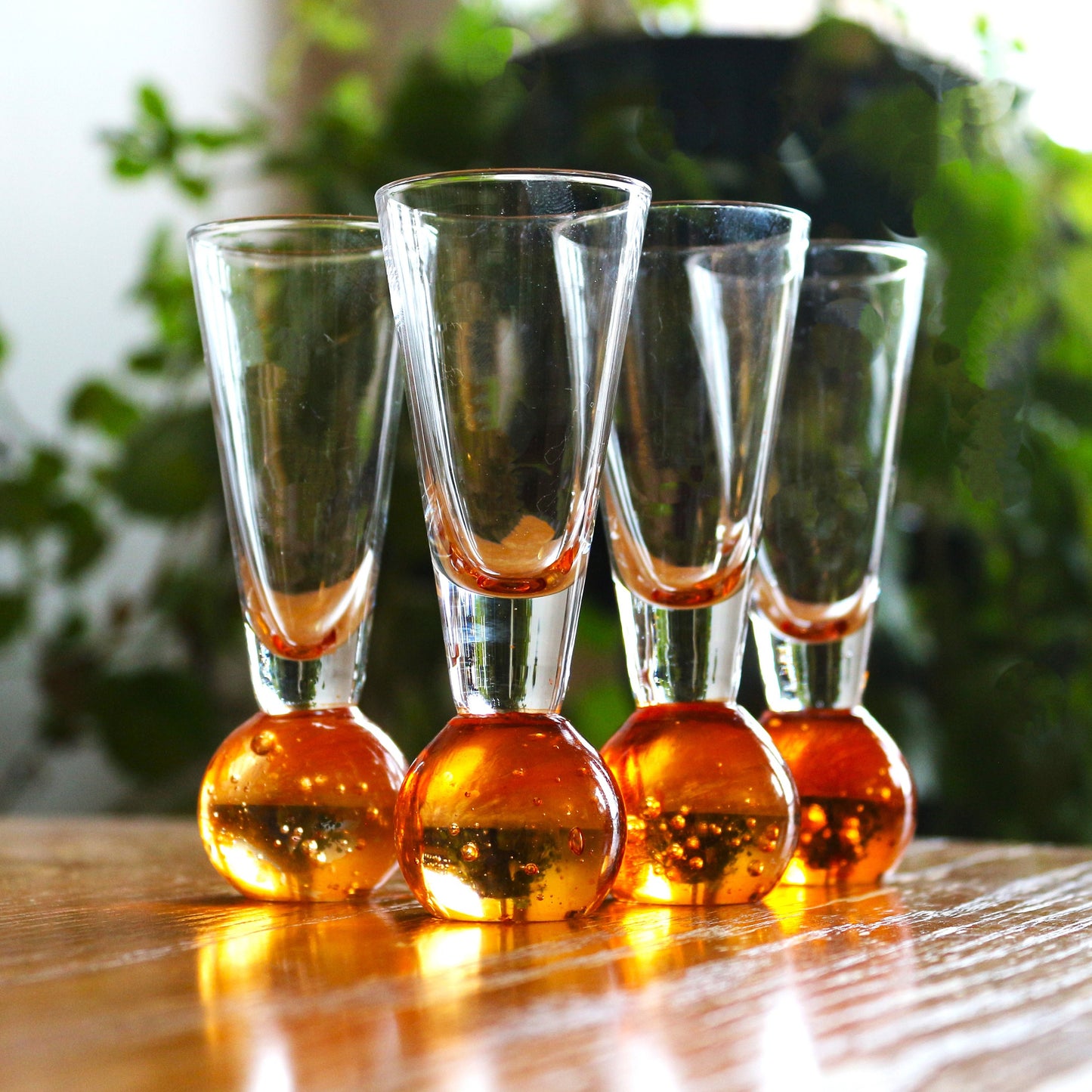 Hand Blown Orange Liqueur Shot Glass Set of four: Bubble Base Glassware