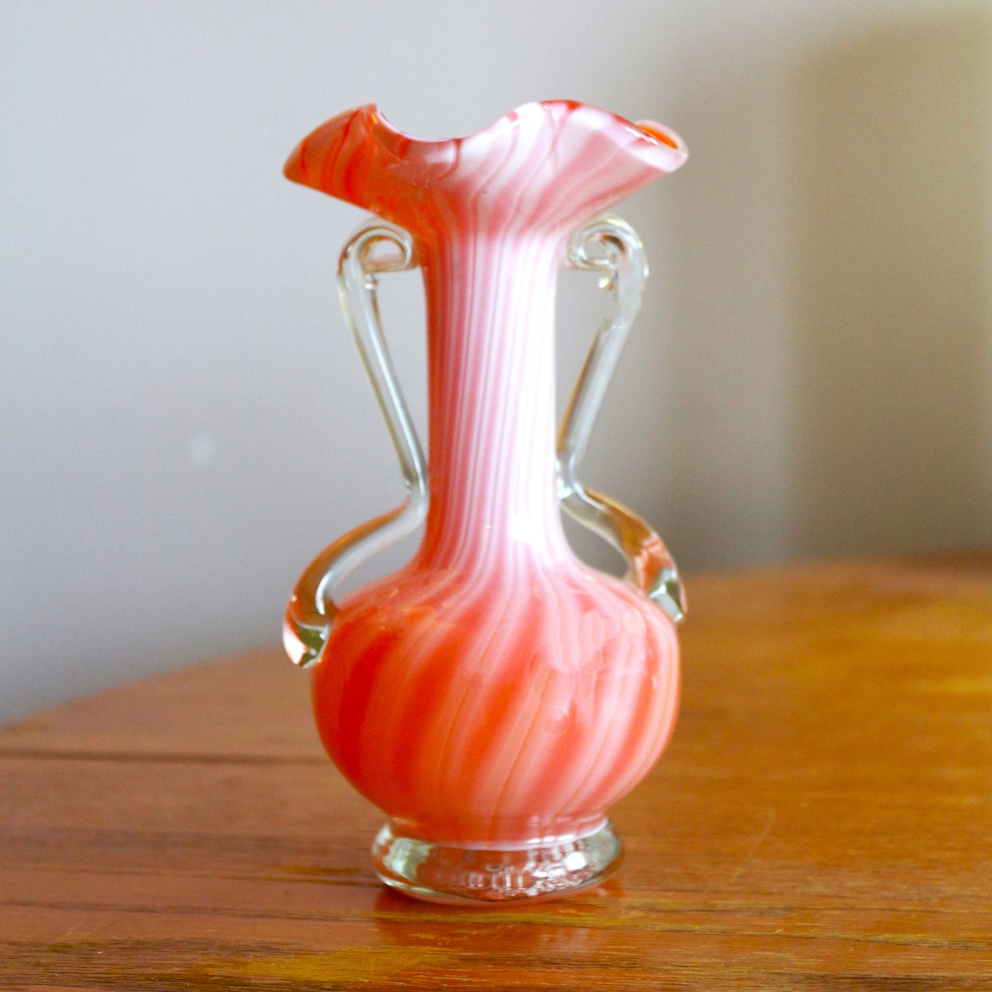 Handblown Orange Murano Vase: Cased Glass with Applied Handles, scalloped edge vase
