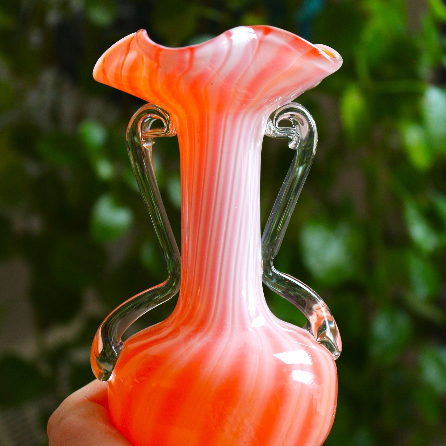 Handblown Orange Murano Vase: Cased Glass with Applied Handles, scalloped edge vase