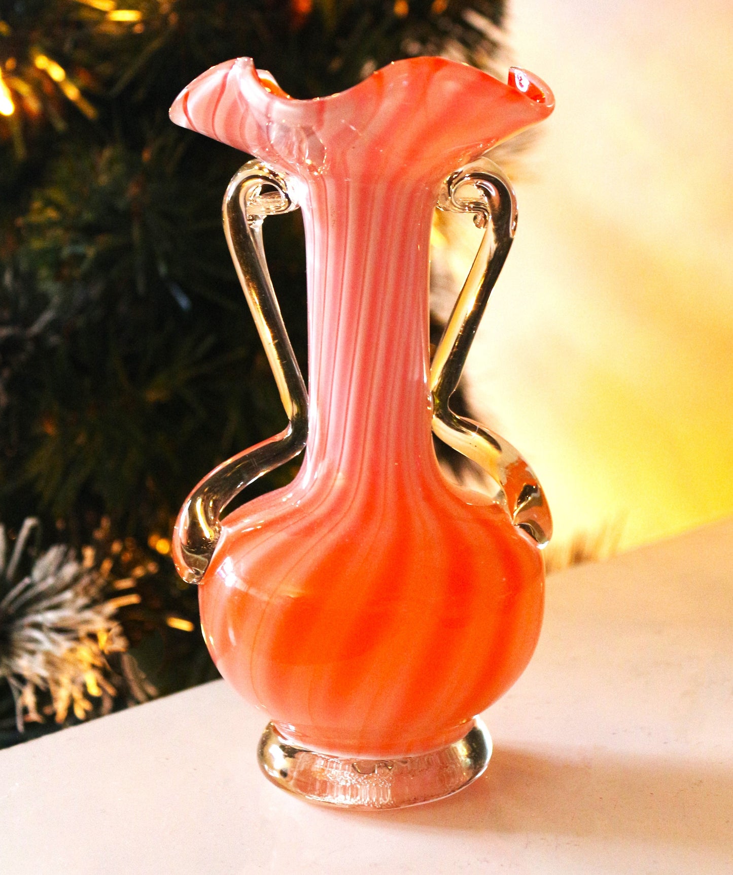 Handblown Orange Murano Vase: Cased Glass with Applied Handles, scalloped edge vase