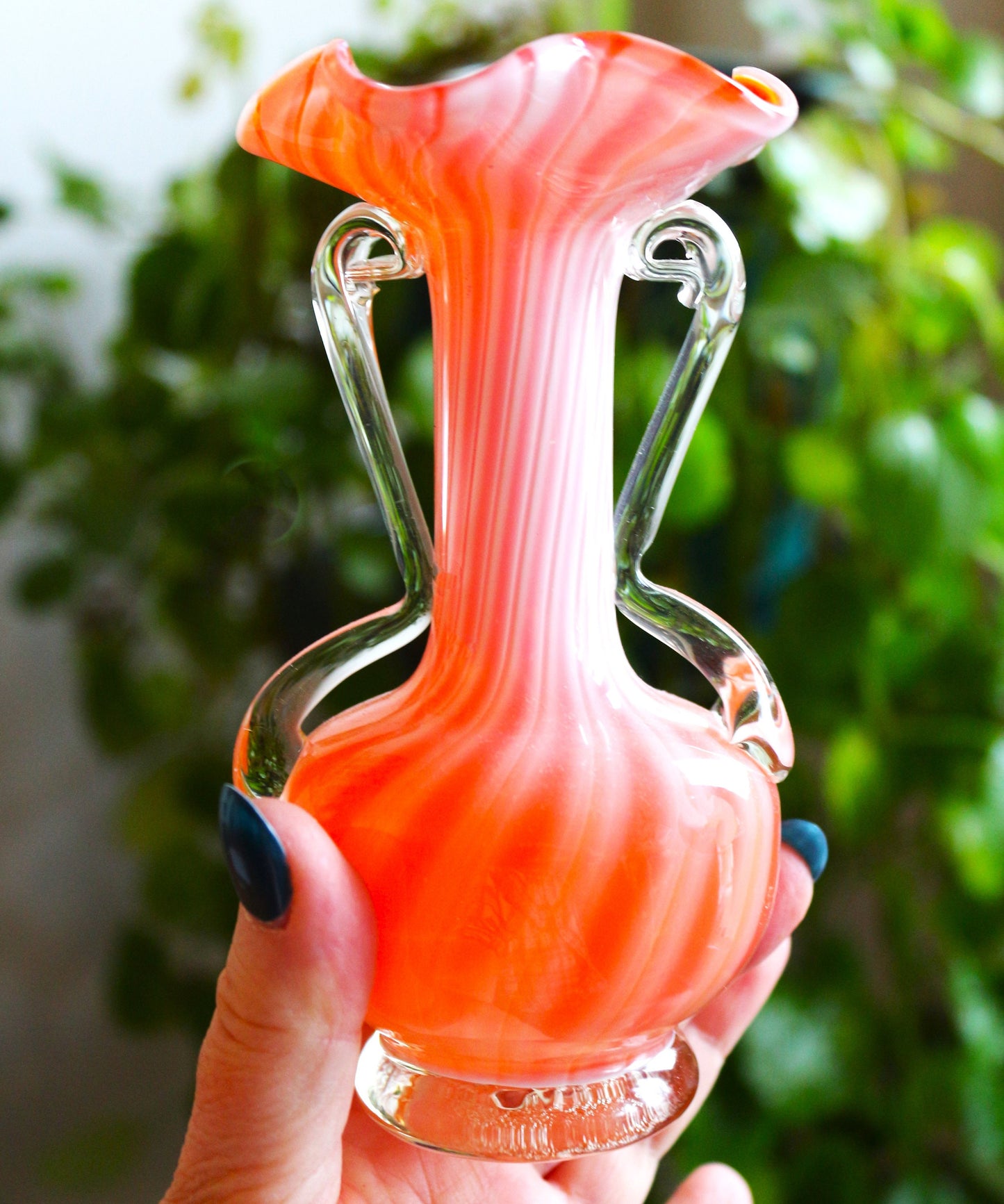 Handblown Orange Murano Vase: Cased Glass with Applied Handles, scalloped edge vase
