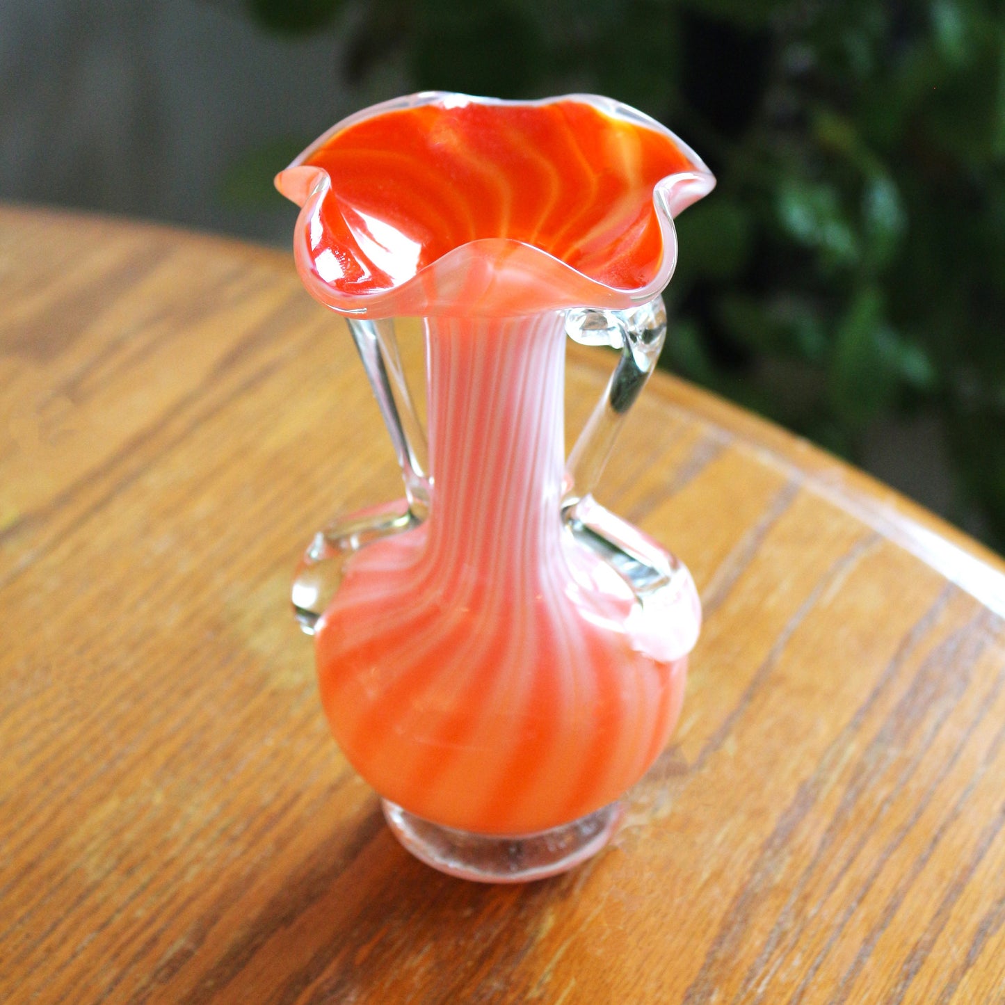 Handblown Orange Murano Vase: Cased Glass with Applied Handles, scalloped edge vase