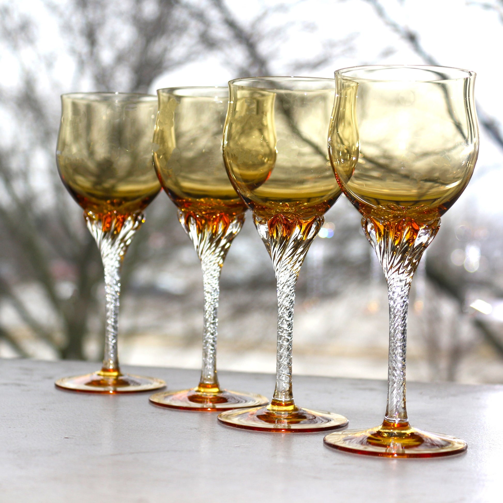 Vintage Italian Gold Coupe Glasses: Twisted Stem Stemware, Set of 4