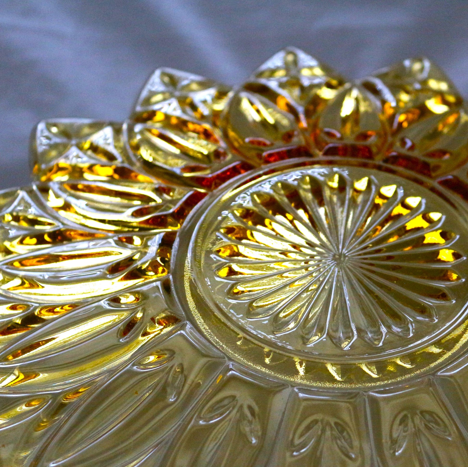 Vintage Federal Glass Plate: Gold Petal Pattern Dinner Plate, flower shape