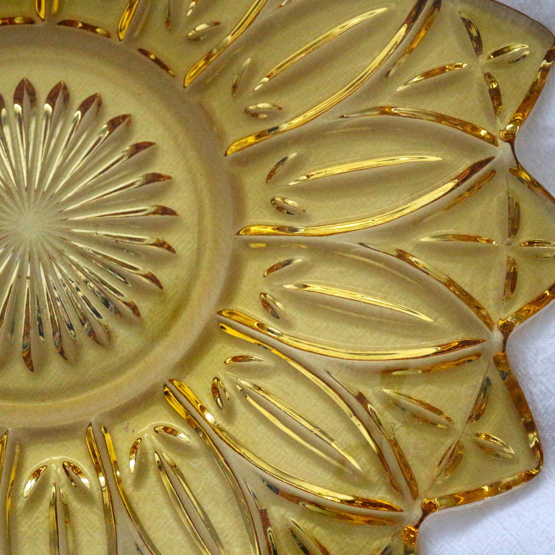 Vintage Federal Glass Plate: Gold Petal Pattern Dinner Plate, flower shape