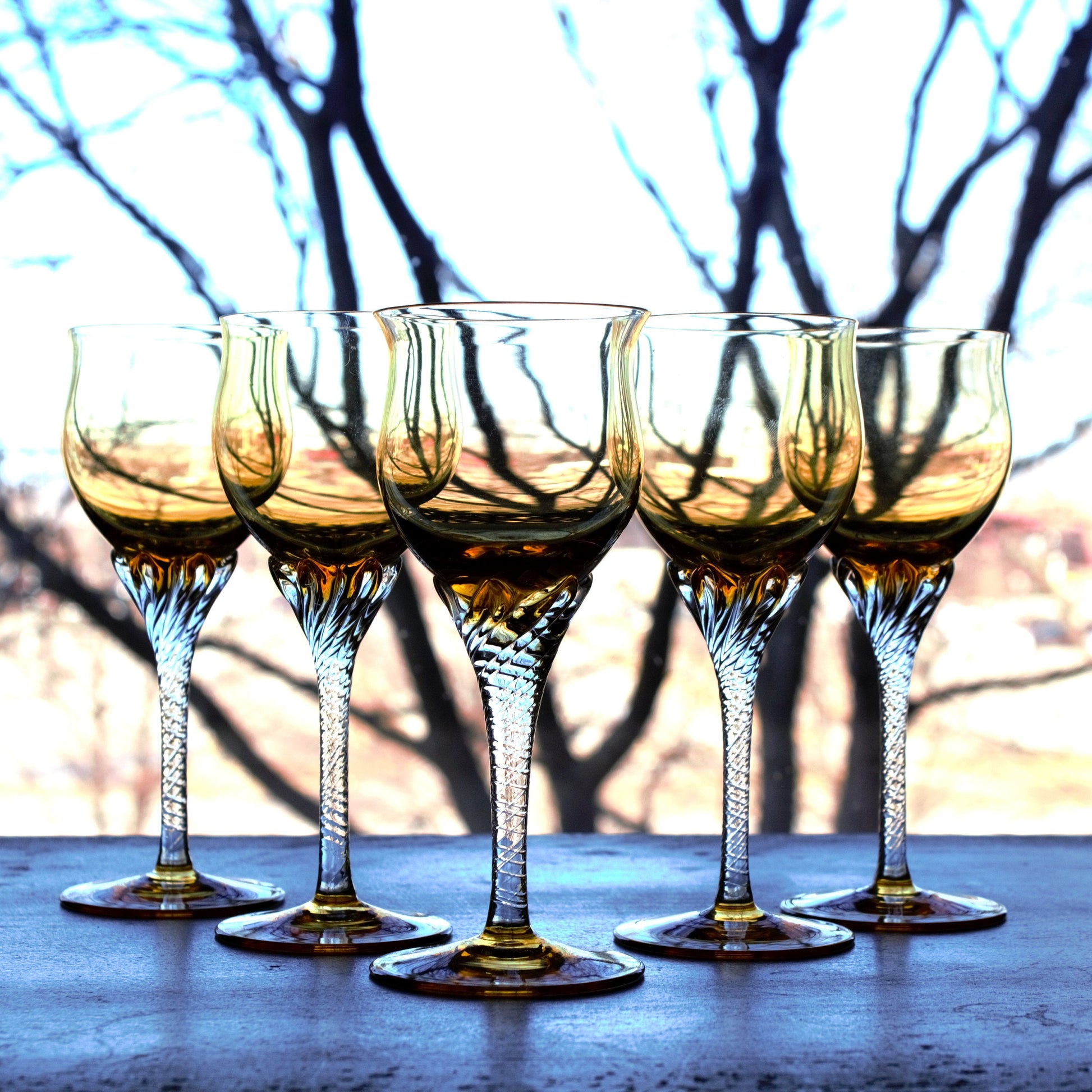 Vintage Italian Gold Coupe Glasses: Twisted Stem Stemware, Set of 4